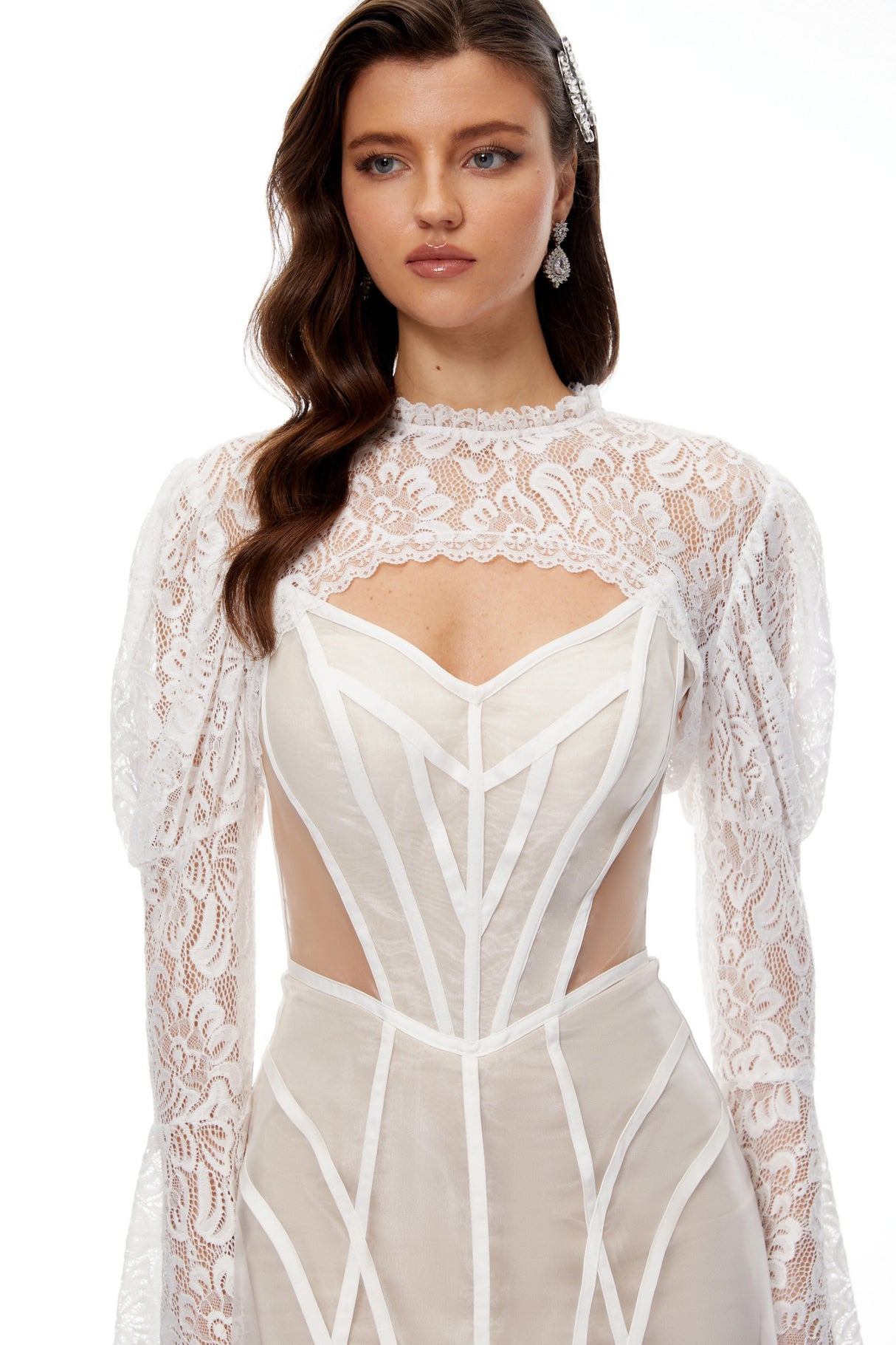 Ilaria White Lace Shrug Linear Organza Dress Set