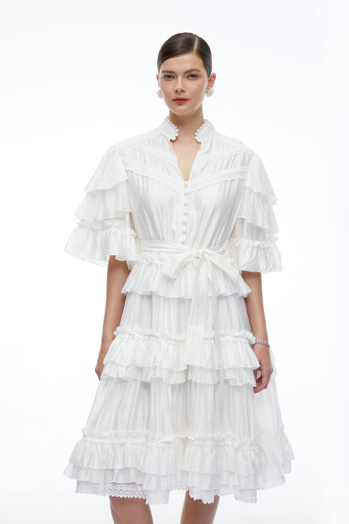 Ilaria White Tiered Short Sleeves Mini Dress