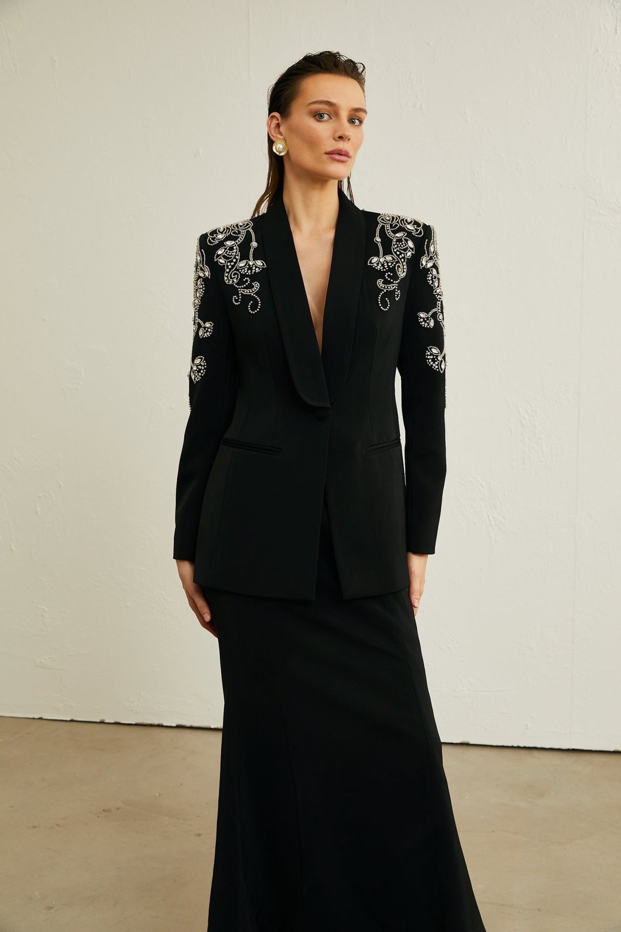 Ilenia Jacket & Skirt - V Neck - Crystal embellishment - Front button fastening - Mermaid design