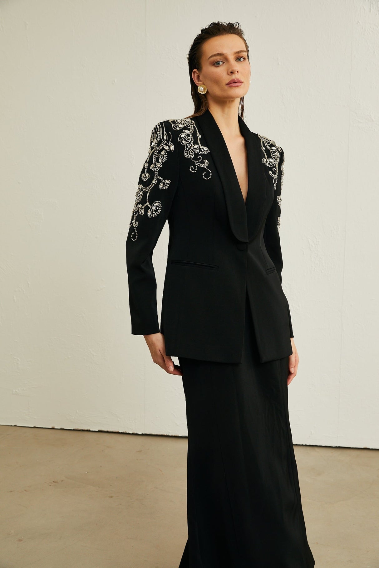 Ilenia Jacket & Skirt - V Neck - Crystal embellishment - Front button fastening - Mermaid design