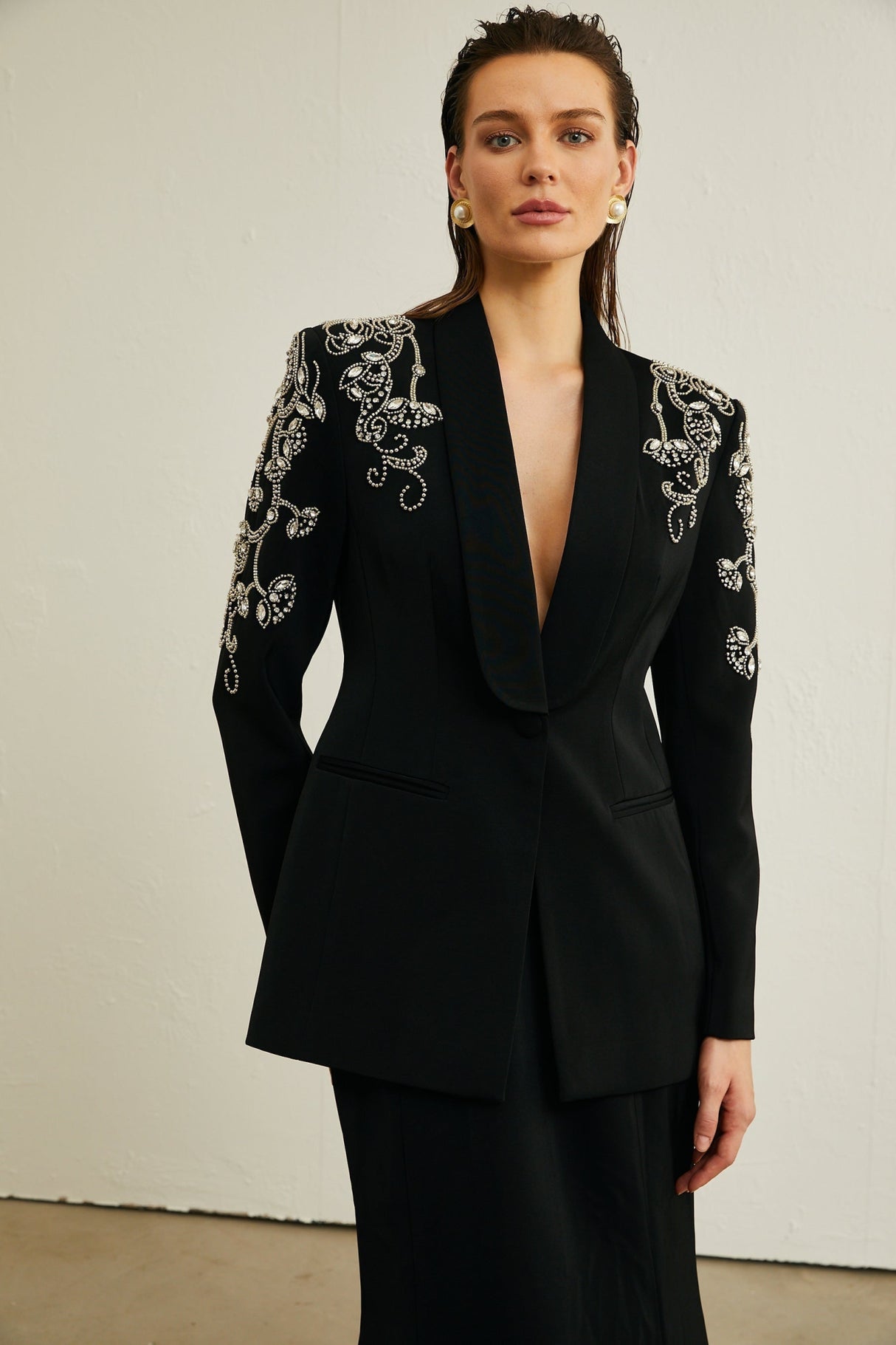 Ilenia Jacket & Skirt - V Neck - Crystal embellishment - Front button fastening - Mermaid design