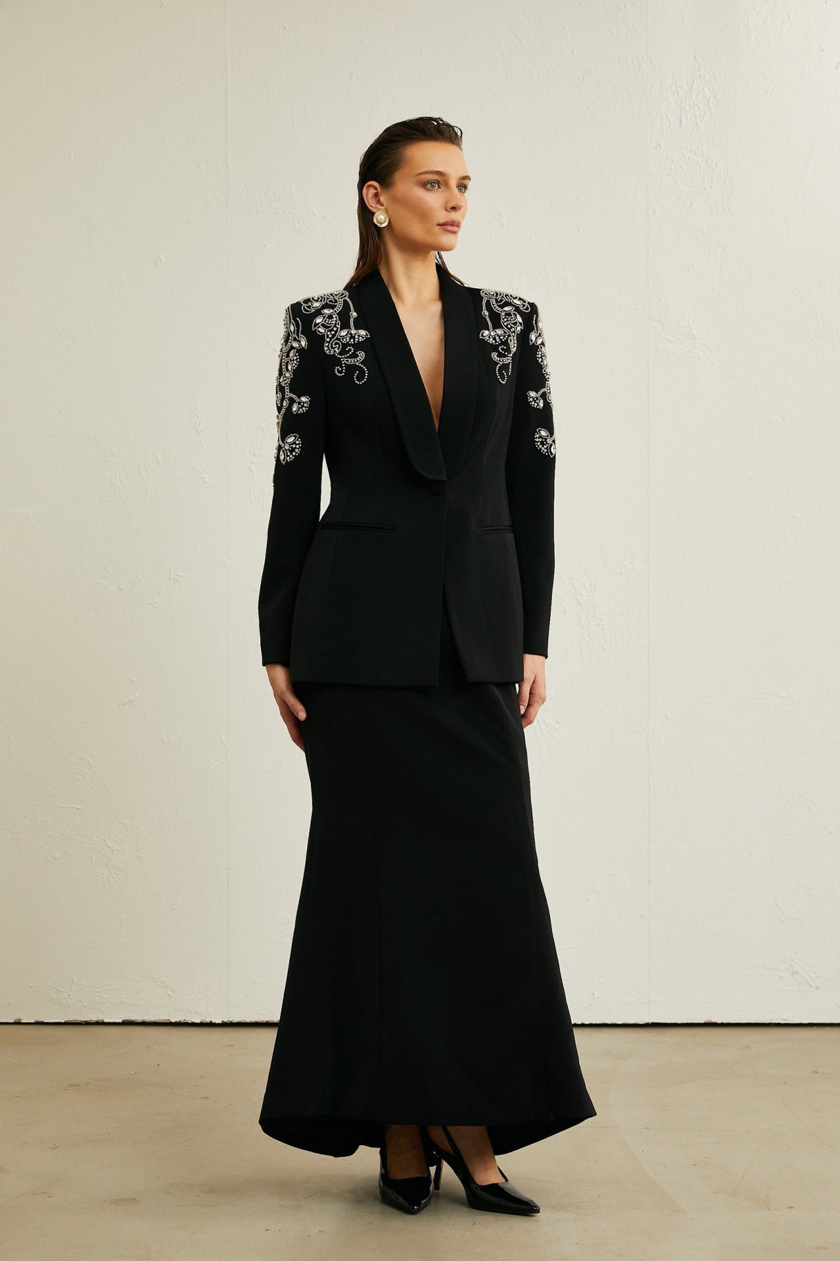 Ilenia Jacket & Skirt - V Neck - Crystal embellishment - Front button fastening - Mermaid design