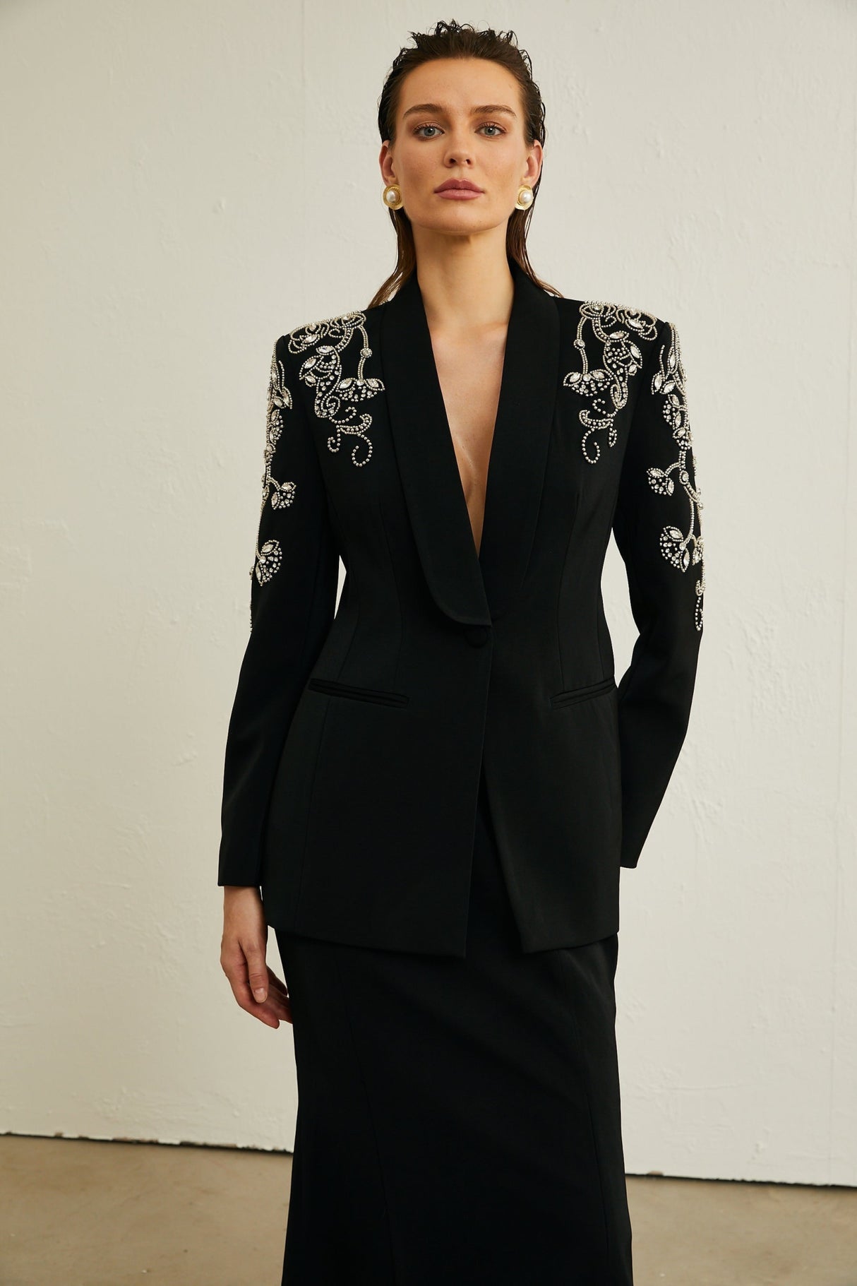 Ilenia Jacket & Skirt - V Neck - Crystal embellishment - Front button fastening - Mermaid design