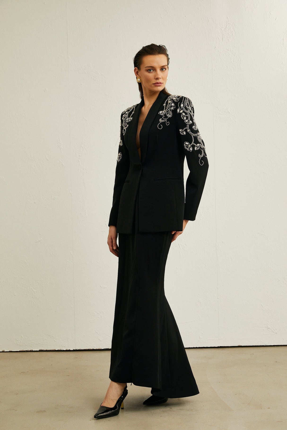 Ilenia Jacket & Skirt - V Neck - Crystal embellishment - Front button fastening - Mermaid design