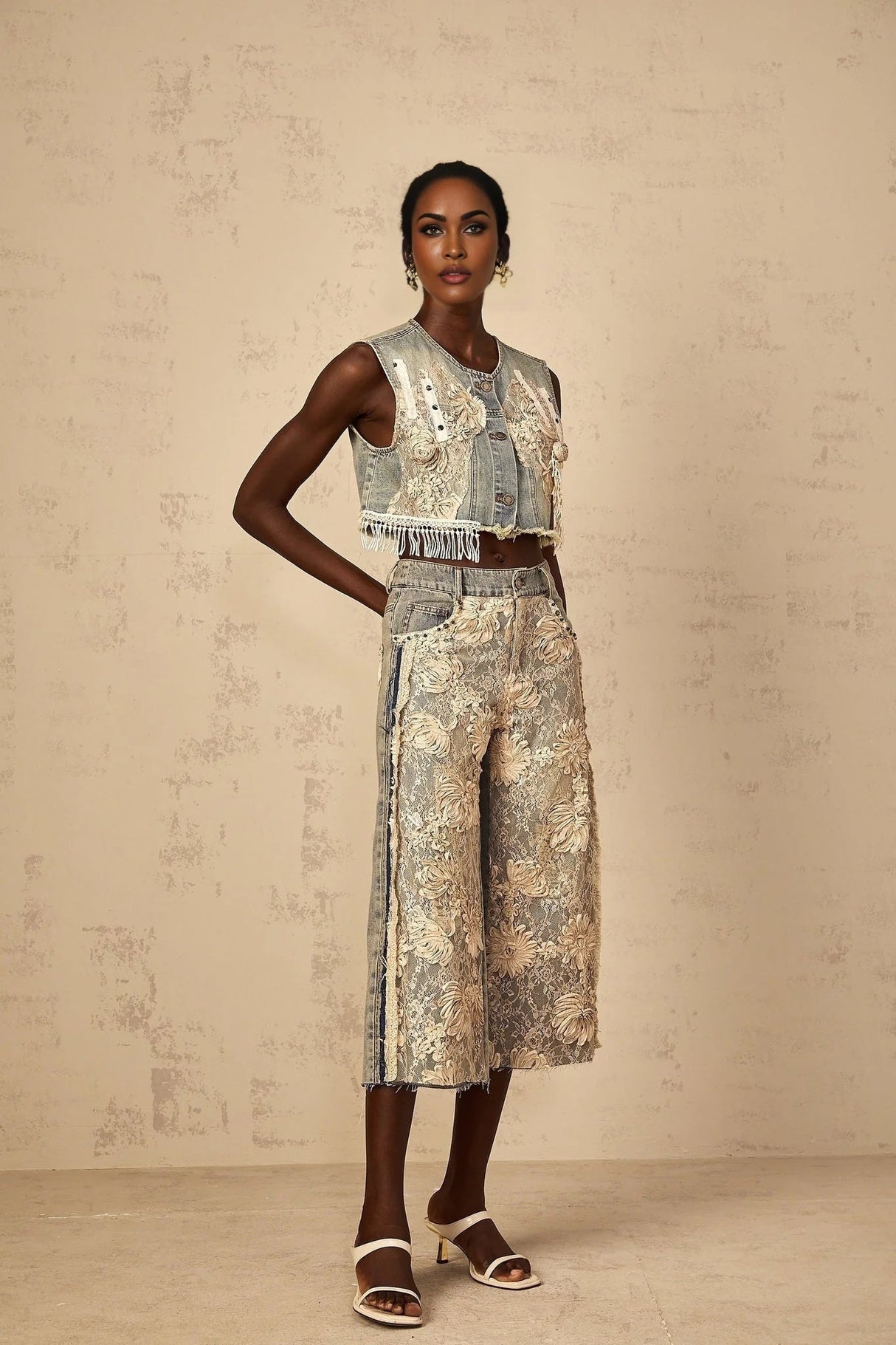 Iliana Denim Jeans Blue & White Lace Panel Wide Leg