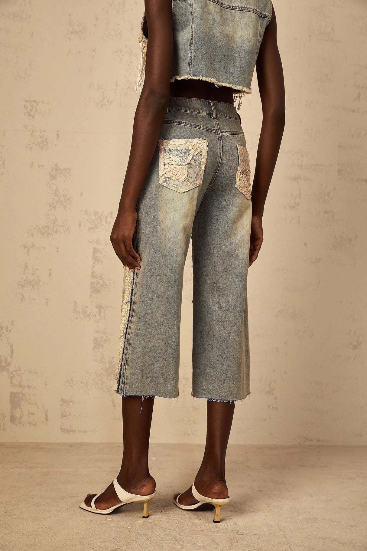 Iliana Denim Jeans Blue & White Lace Panel Wide Leg