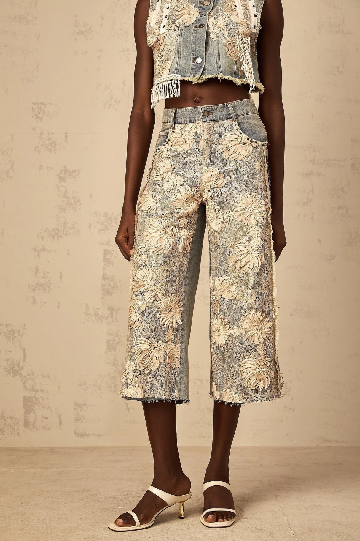 Iliana Denim Jeans Blue & White Lace Panel Wide Leg