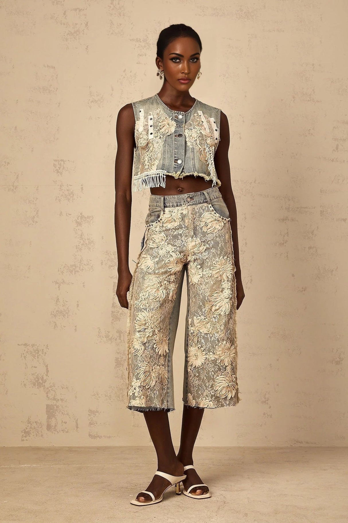 Iliana Denim Jeans Blue & White Lace Panel Wide Leg