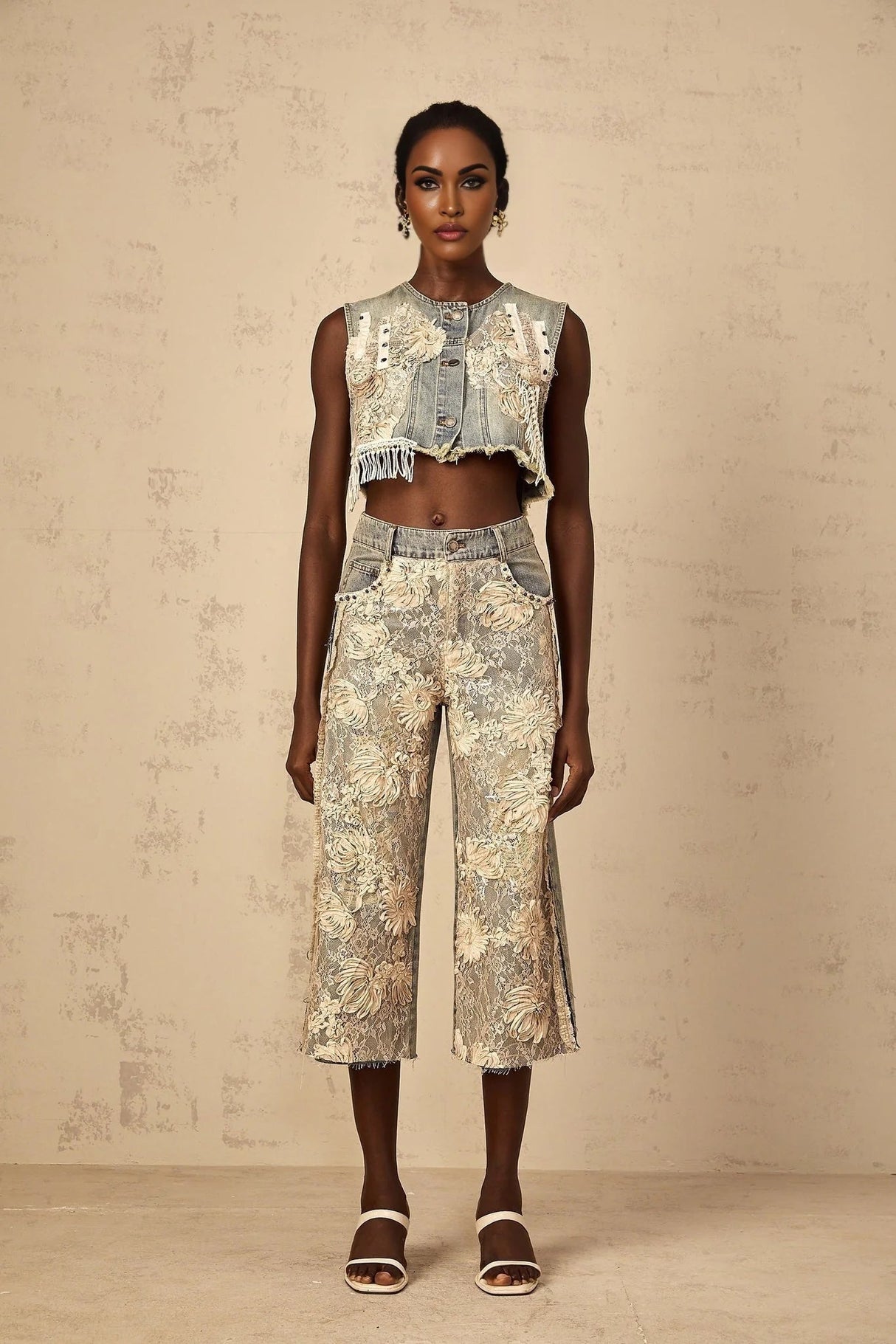 Iliana Denim Jeans Blue & White Lace Panel Wide Leg