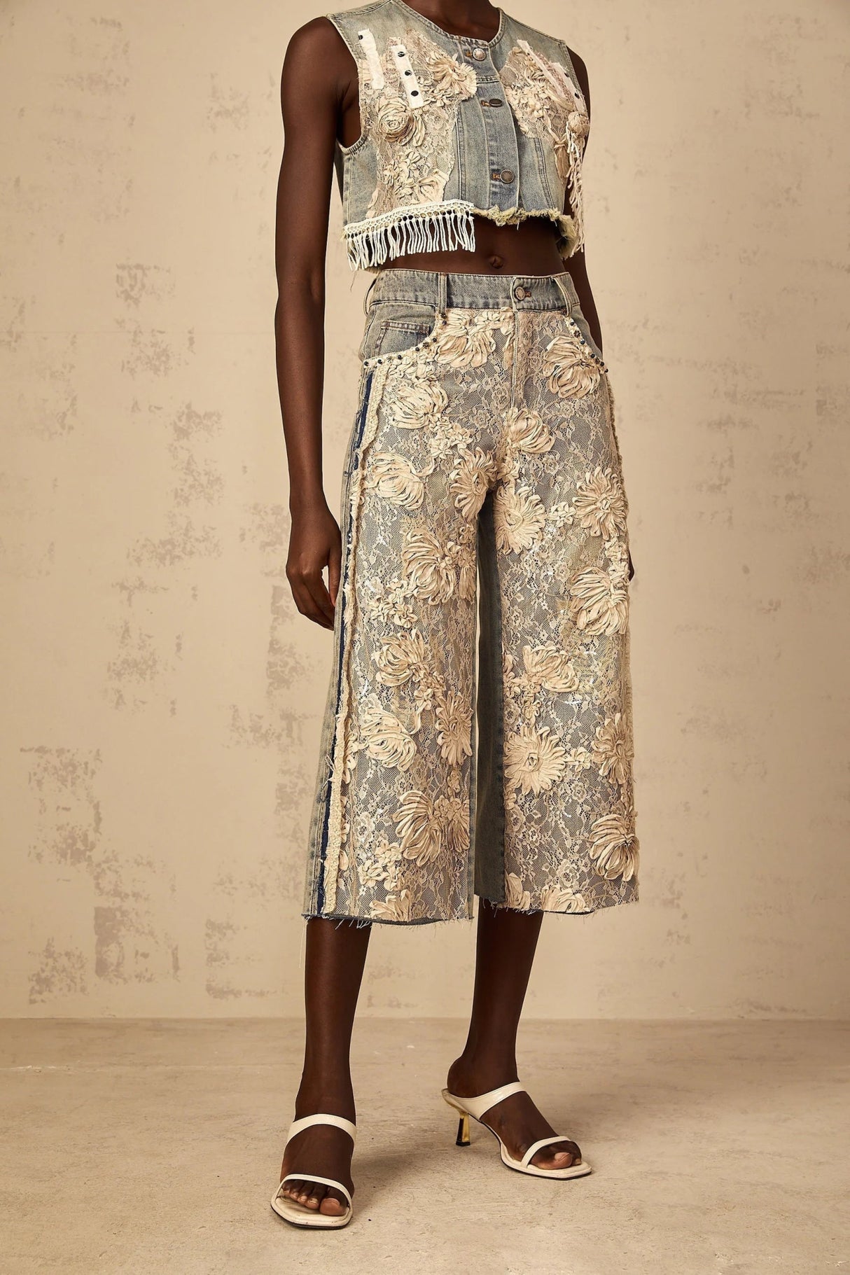 Iliana Denim Jeans Blue & White Lace Panel Wide Leg