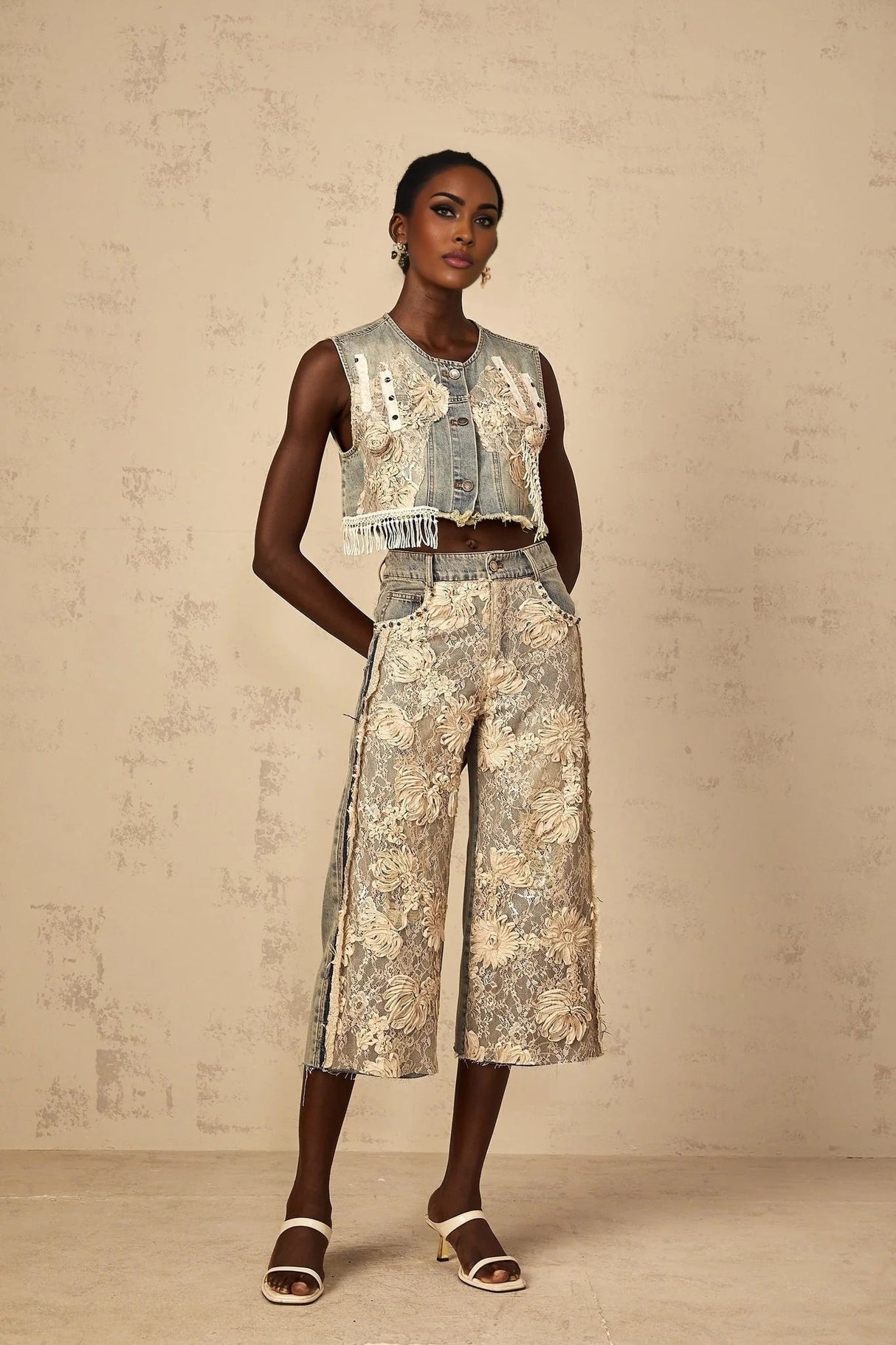 Iliana Denim Jeans Blue & White Lace Panel Wide Leg