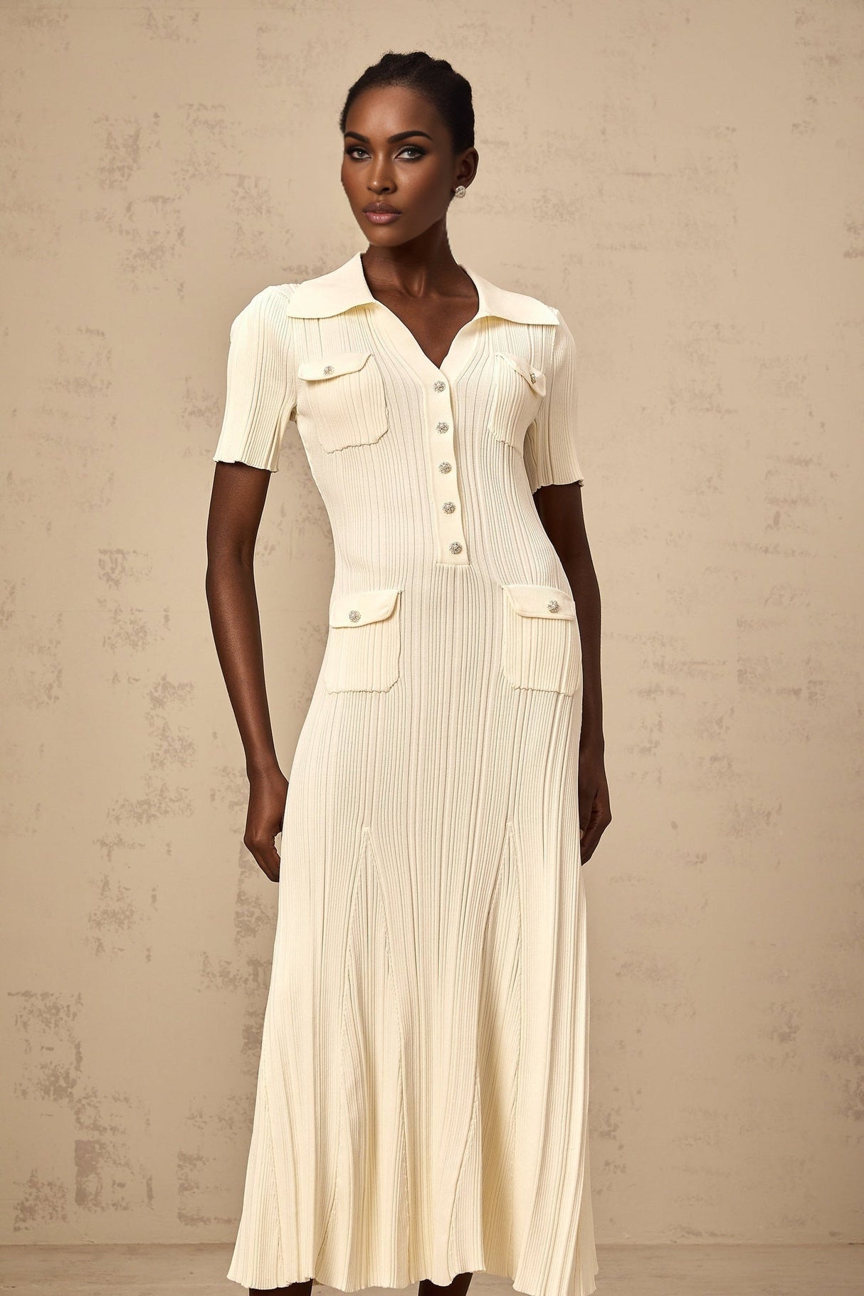 Iliana Midi Dress - Ribbed Knit - Stretch Design - V - Neck - Flared Hem - Patch Pockets