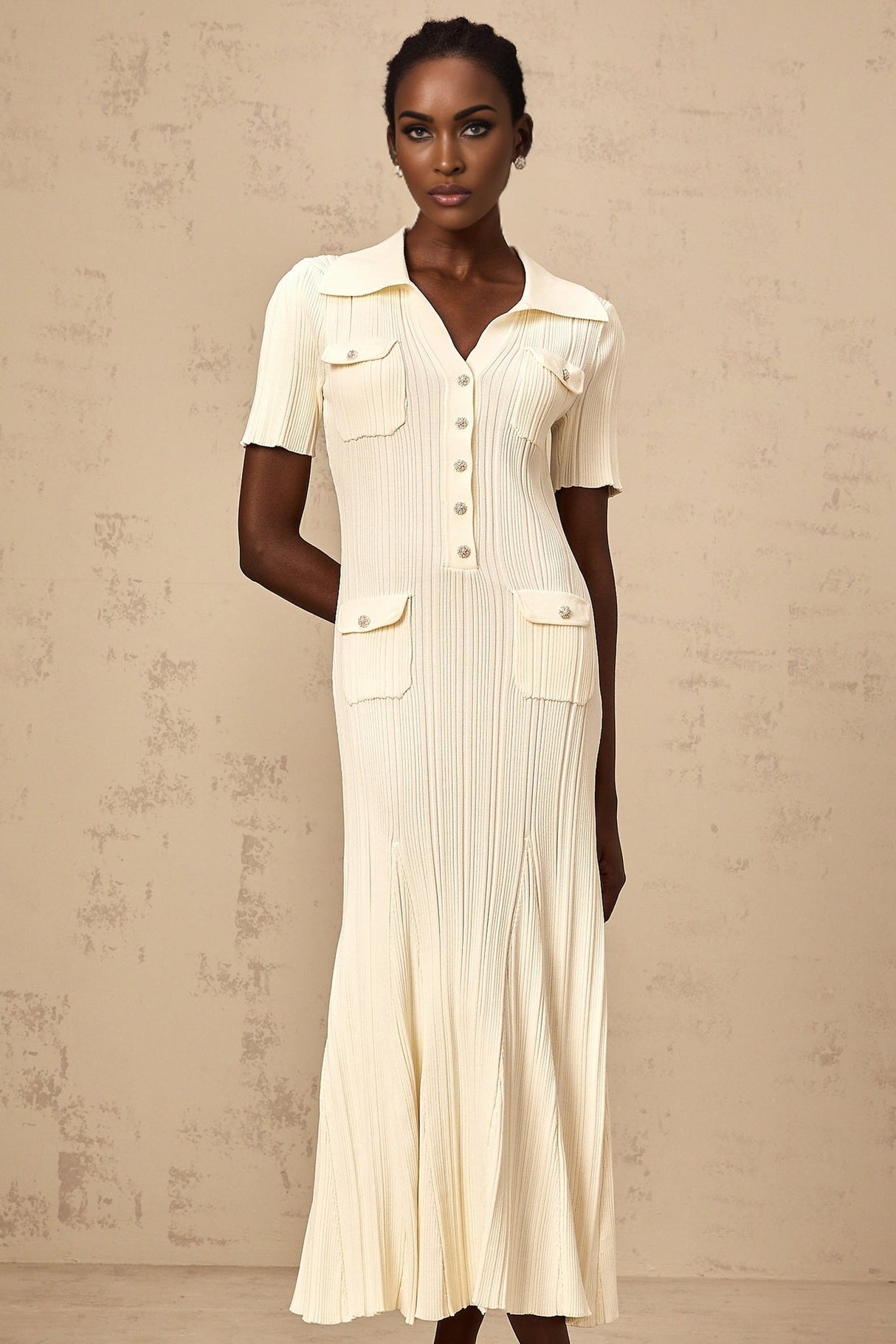 Iliana Midi Dress - Ribbed Knit - Stretch Design - V - Neck - Flared Hem - Patch Pockets