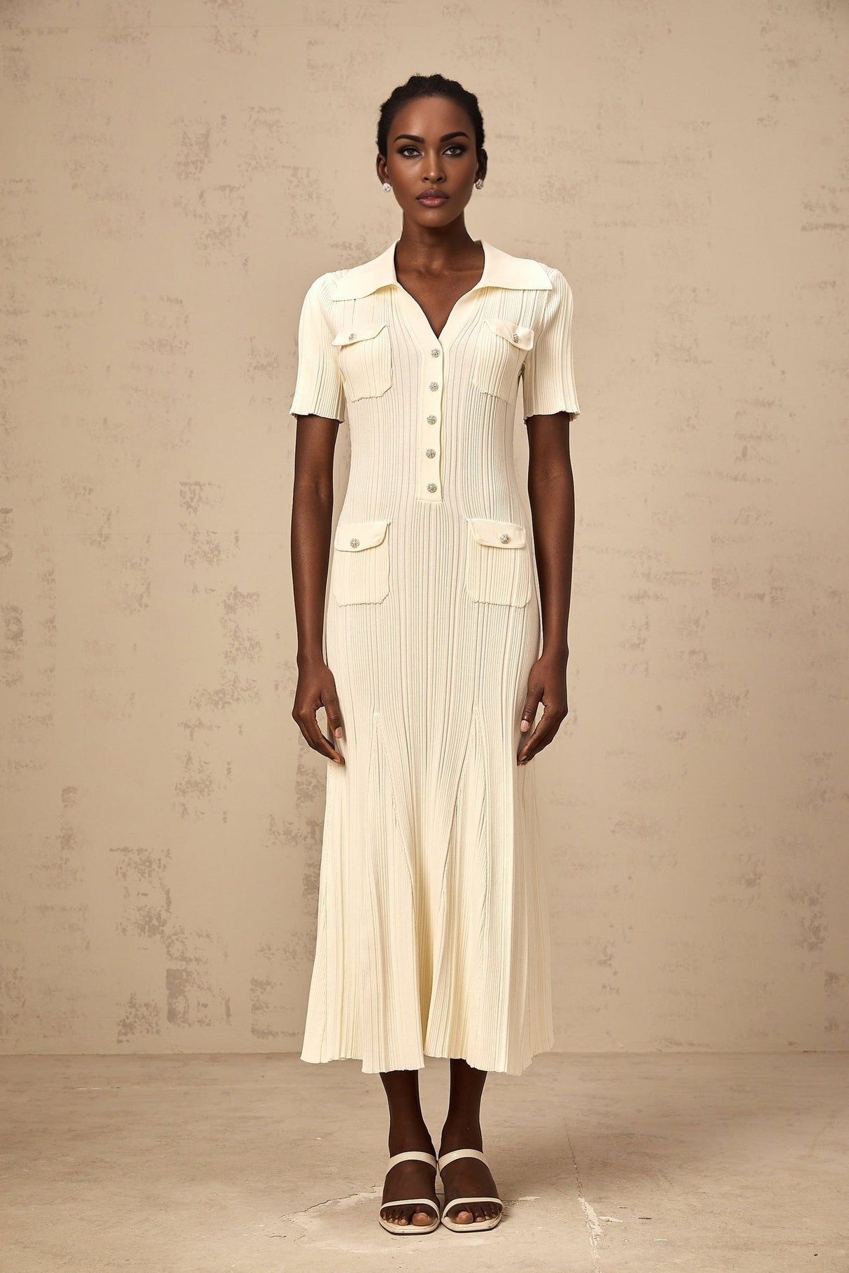 Iliana Midi Dress - Ribbed Knit - Stretch Design - V - Neck - Flared Hem - Patch Pockets