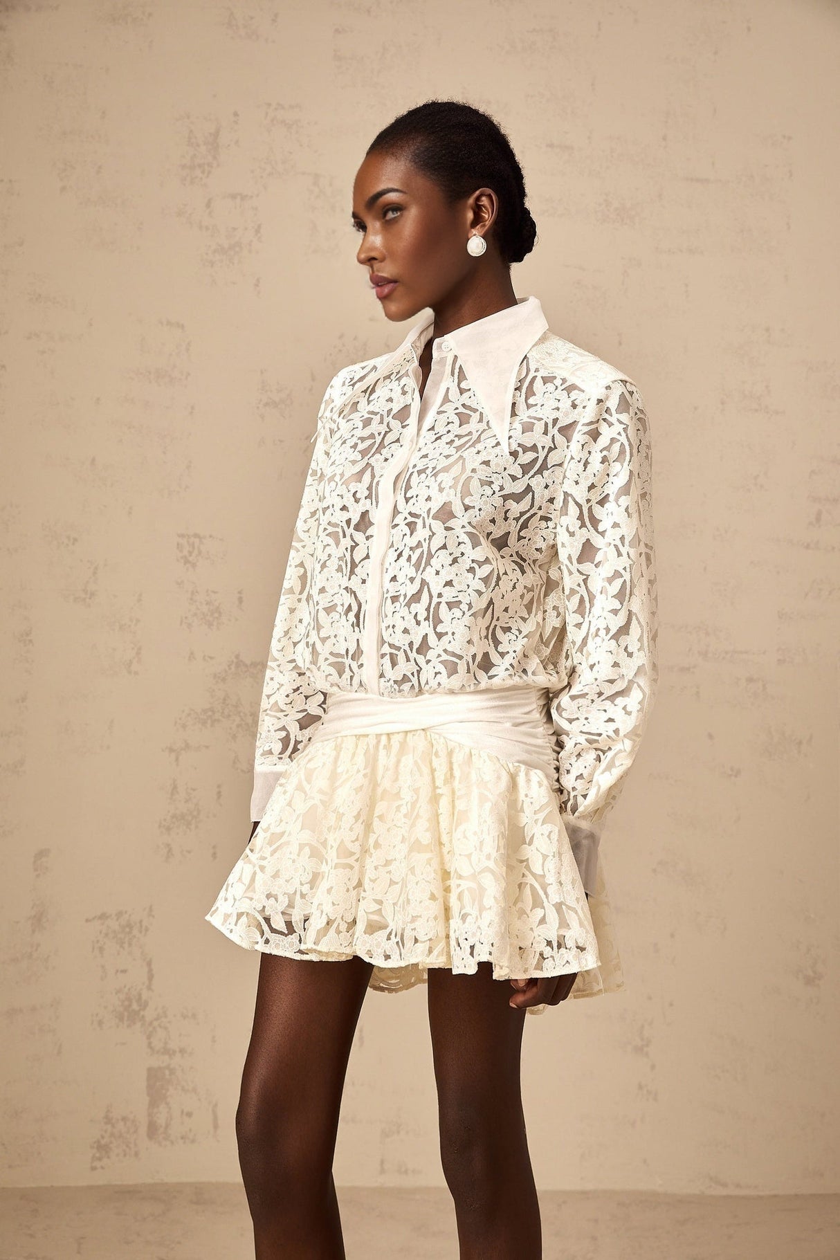 Iliana Mini Dress - Straight - Point Collar - Long Sleeves - Floral Lace and Ruched Detailing