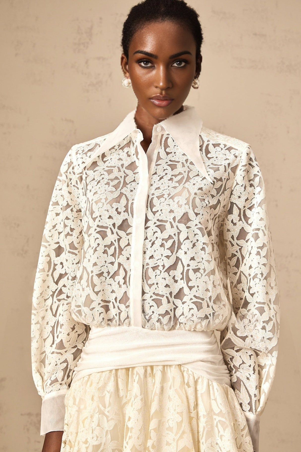 Iliana Mini Dress - Straight - Point Collar - Long Sleeves - Floral Lace and Ruched Detailing
