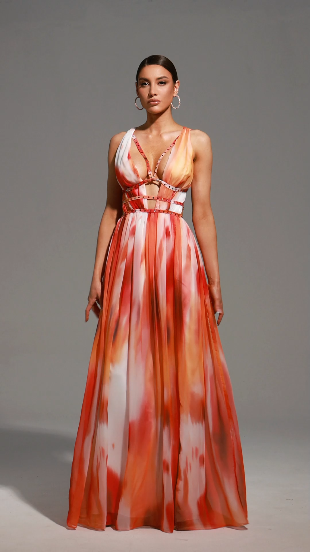 Iliana Orange Maxi Dress V-Neckline Cut-Out Accents Lightweight Fabric Summer Wedding Evening Gatherings