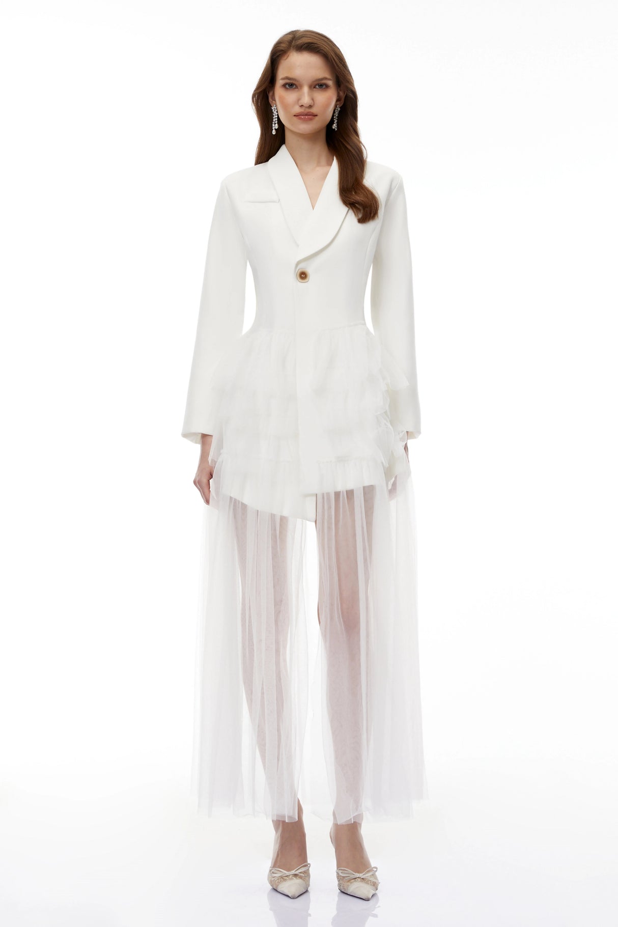 Illyria White Blazer Maxi Dress with Ruffled Tulle