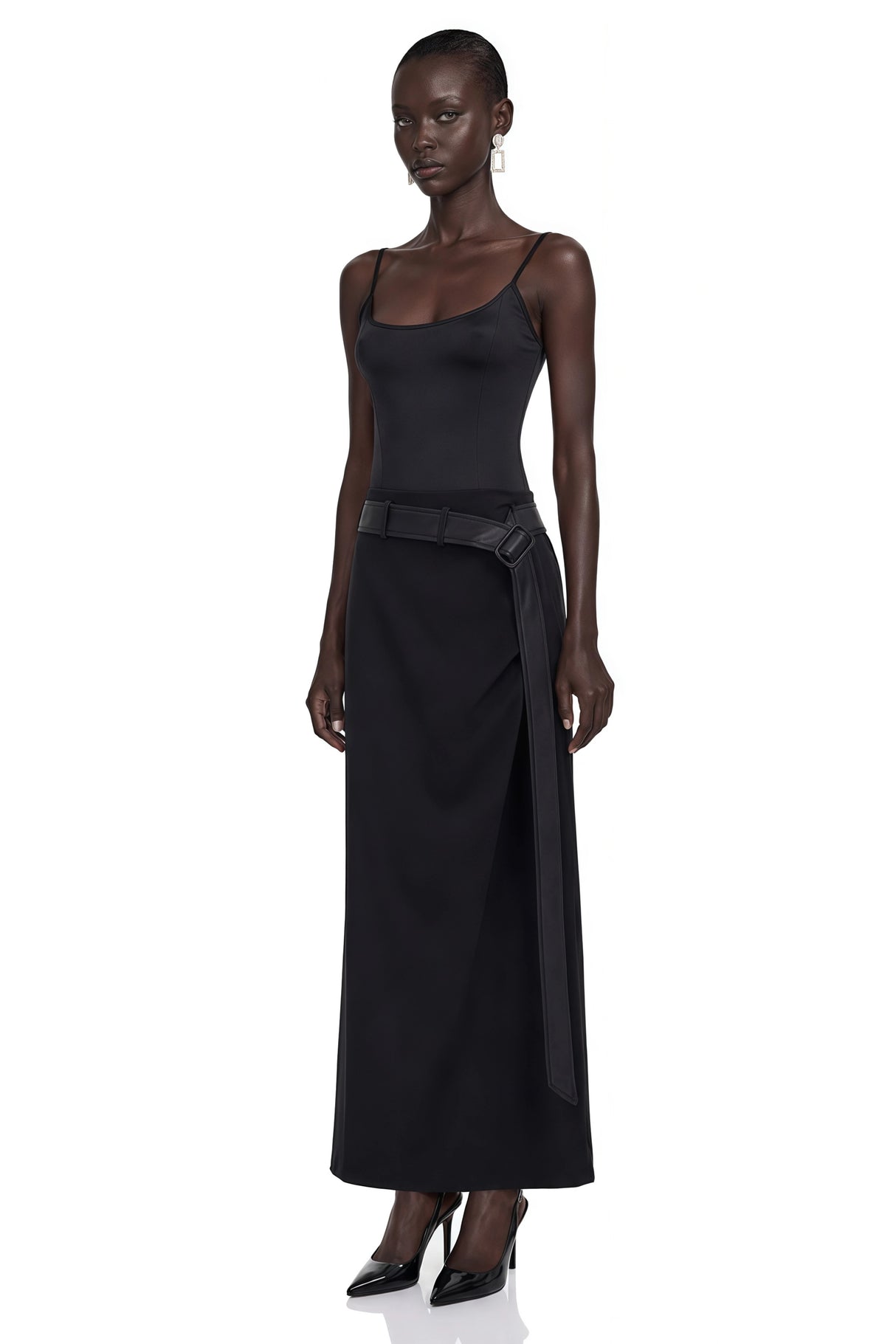 Ilona Black Satin Asymmetrical Maxi Dress