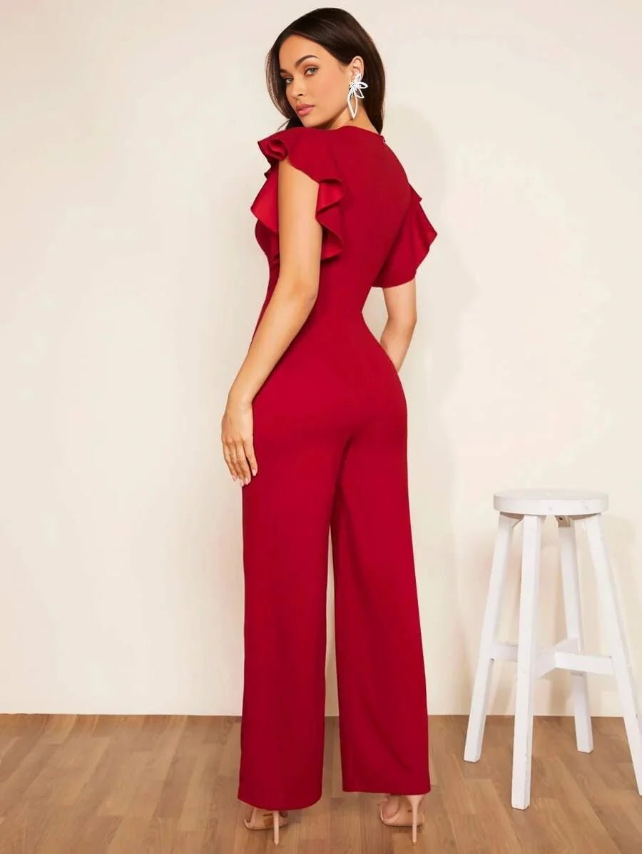 Imelda Jumpsuit - Refined Style - Regular Fit - Medium Stretch Fabric - Long Length - High Waist - Deep V Neck - Flounce Cap Sleeve