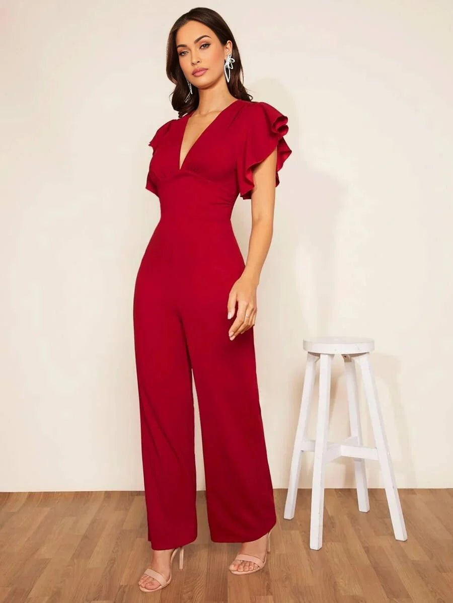 Imelda Jumpsuit - Refined Style - Regular Fit - Medium Stretch Fabric - Long Length - High Waist - Deep V Neck - Flounce Cap Sleeve