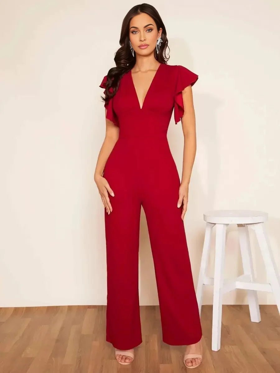 Imelda Jumpsuit - Refined Style - Regular Fit - Medium Stretch Fabric - Long Length - High Waist - Deep V Neck - Flounce Cap Sleeve