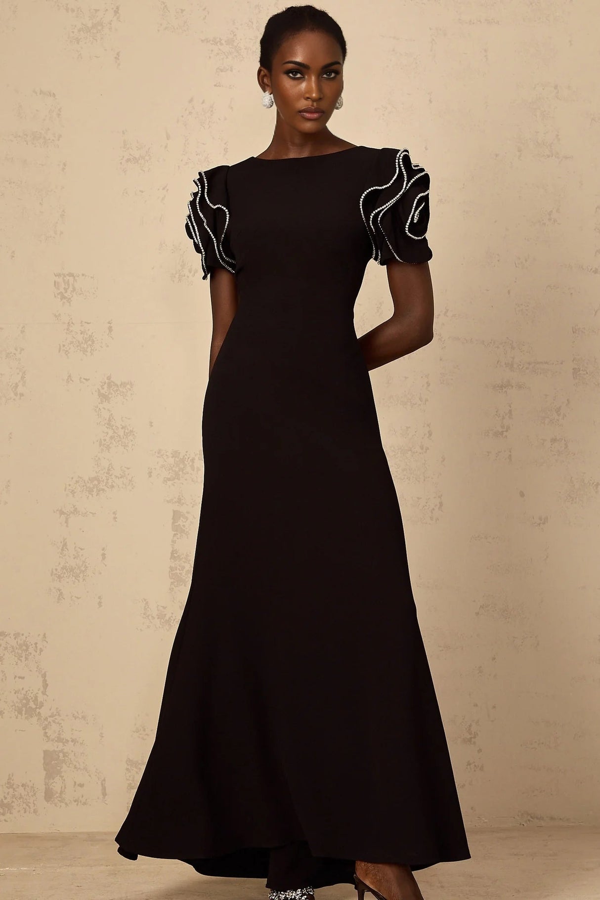 Imelda Maxi Dress Black Ruffled Crystal Embellished
