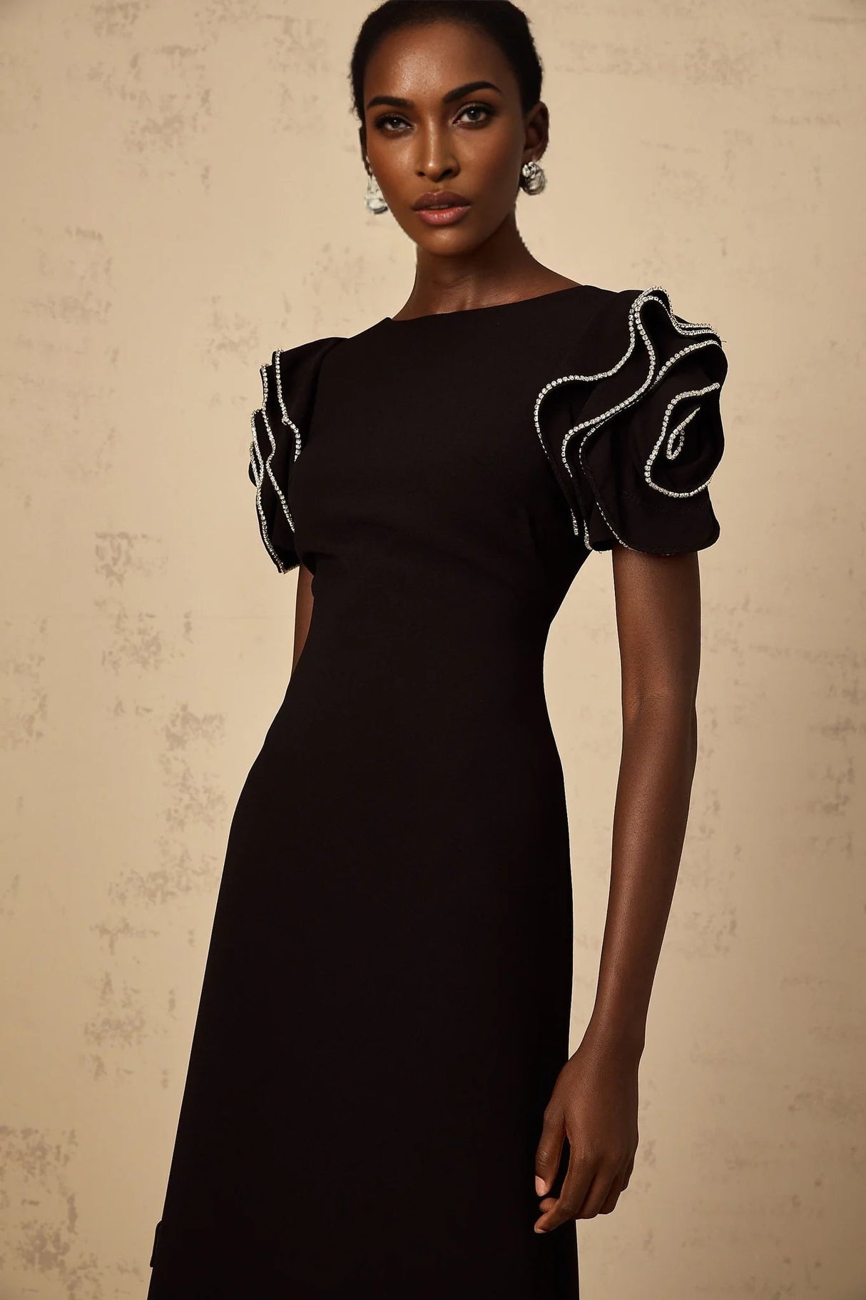 Imelda Maxi Dress Black Ruffled Crystal Embellished