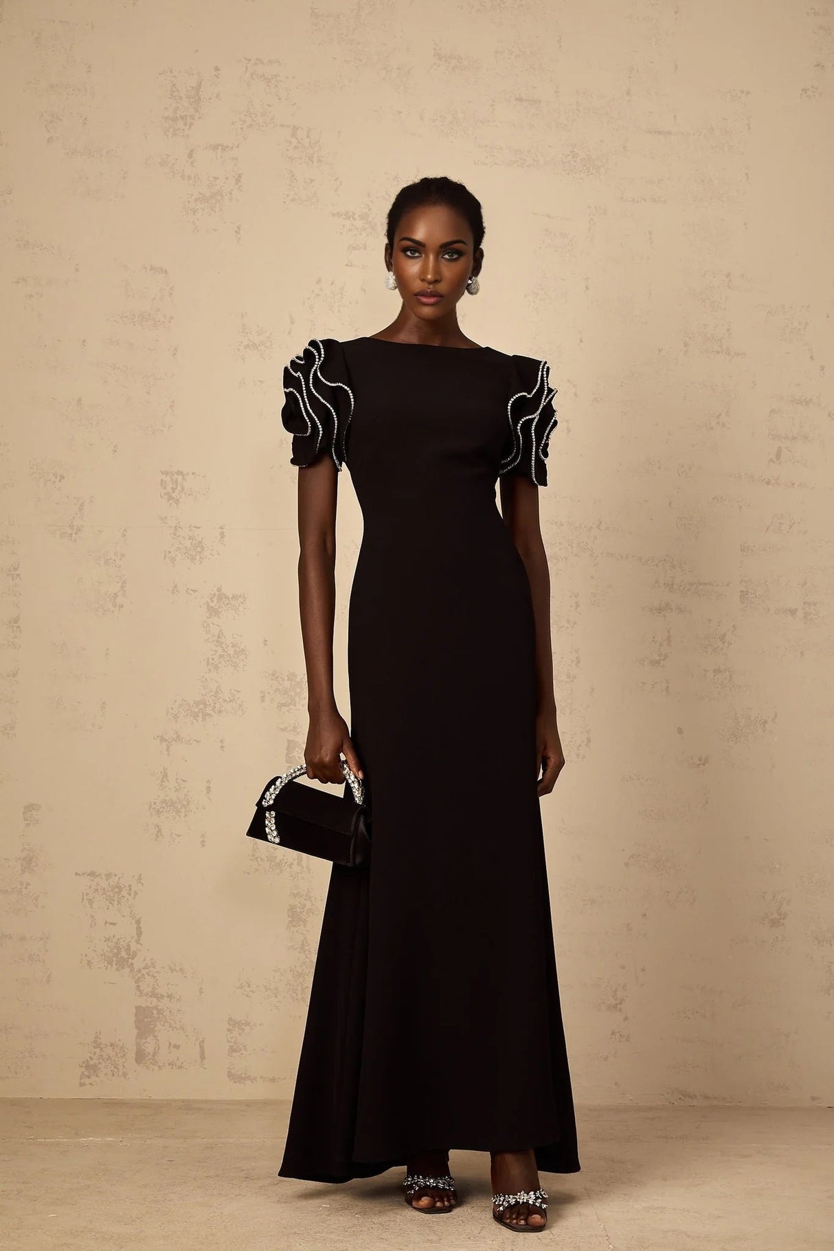 Imelda Maxi Dress Black Ruffled Crystal Embellished