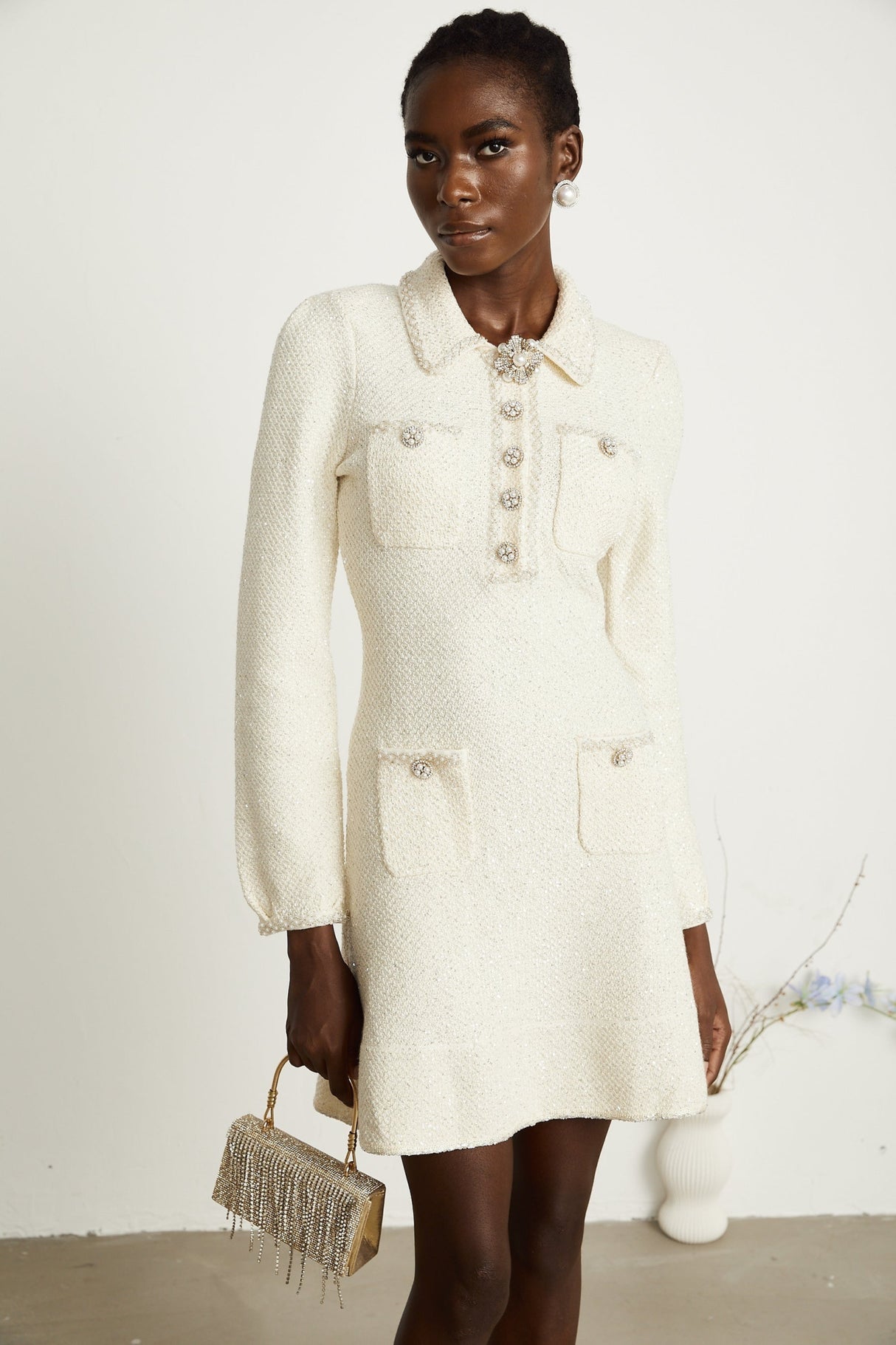 Imelda Mini Dress - Tweed Fabric - Metallic Threading - Sequin Embellishment - Spread Collar - Front Button Details