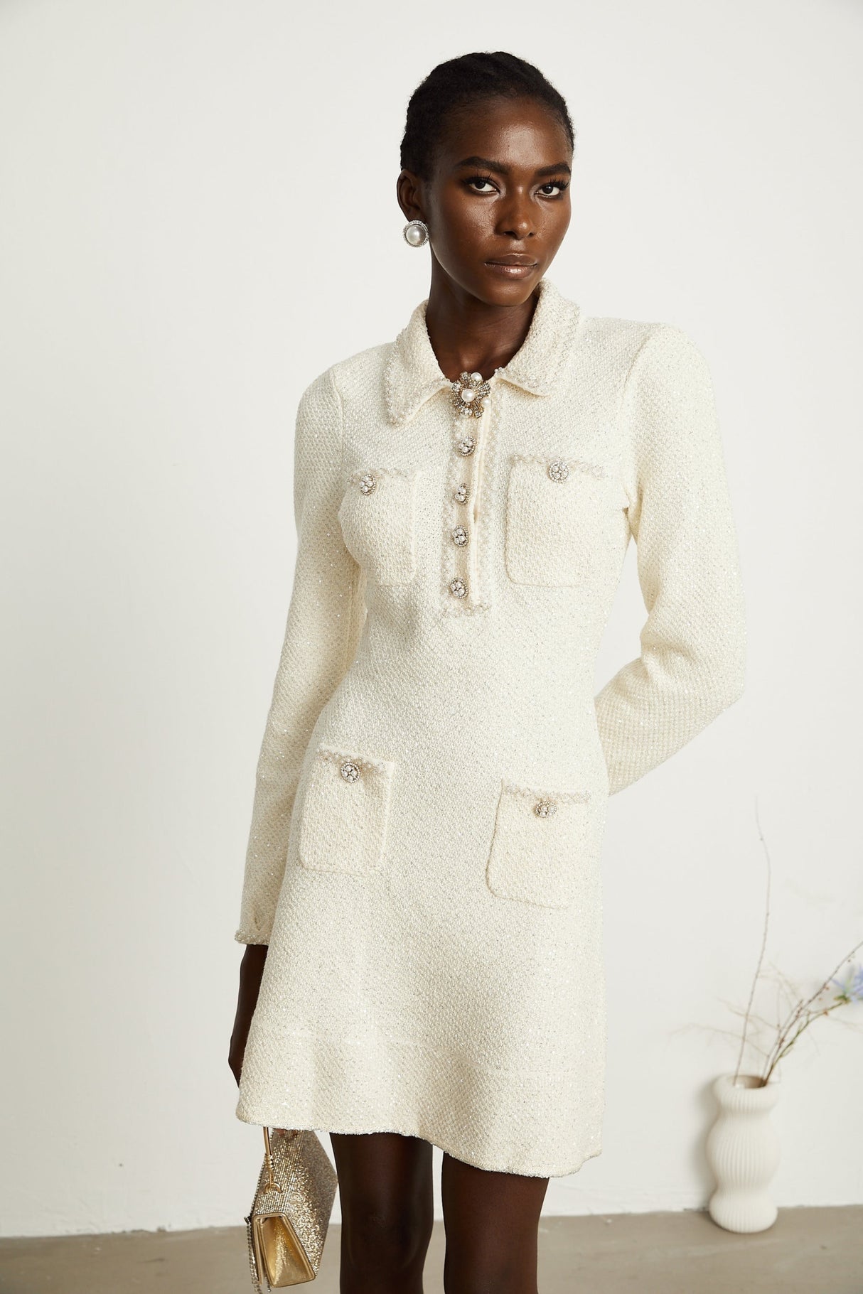 Imelda Mini Dress - Tweed Fabric - Metallic Threading - Sequin Embellishment - Spread Collar - Front Button Details