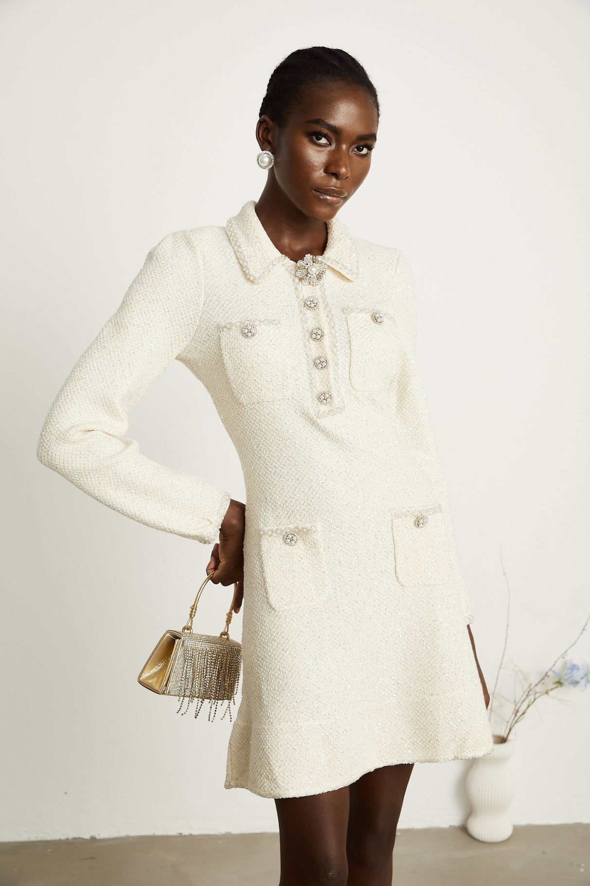 Imelda Mini Dress - Tweed Fabric - Metallic Threading - Sequin Embellishment - Spread Collar - Front Button Details