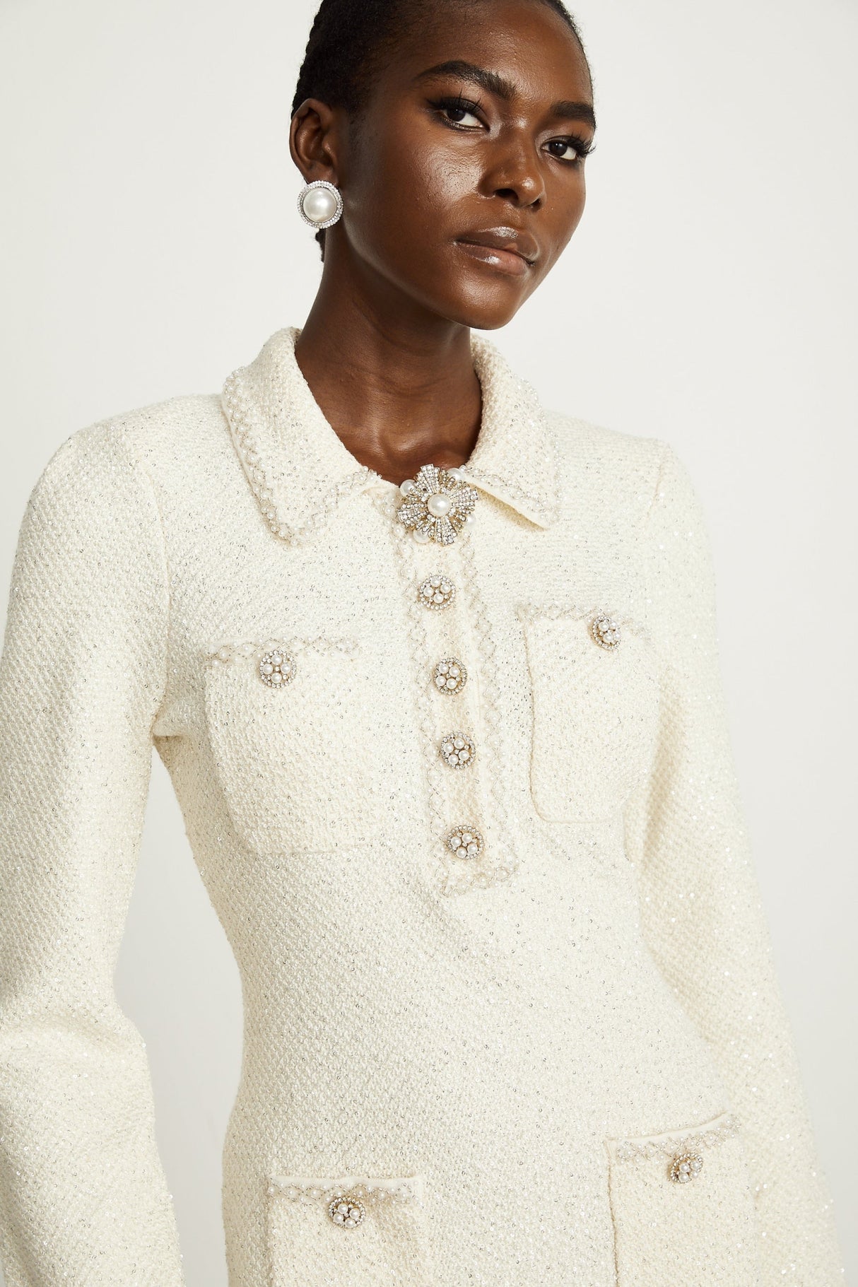 Imelda Mini Dress - Tweed Fabric - Metallic Threading - Sequin Embellishment - Spread Collar - Front Button Details