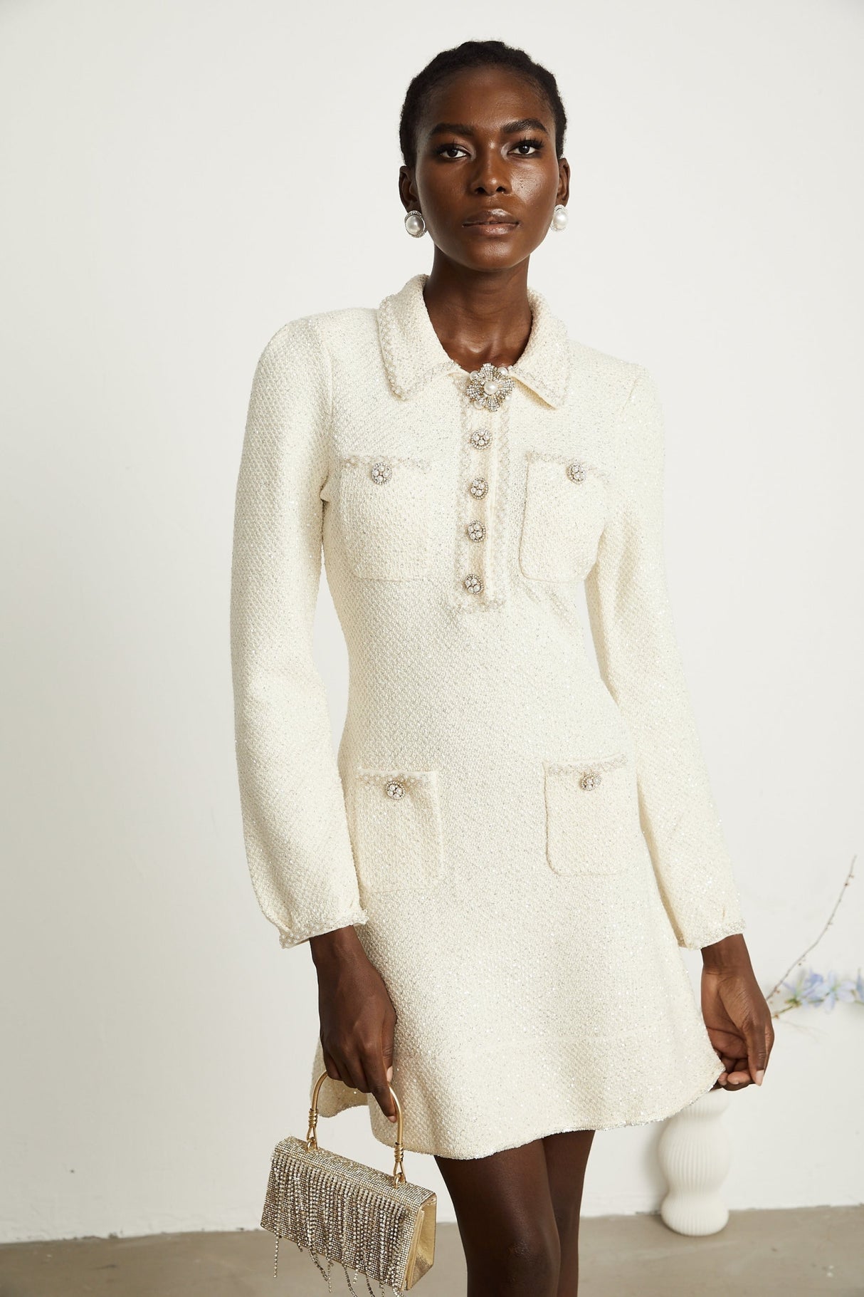 Imelda Mini Dress - Tweed Fabric - Metallic Threading - Sequin Embellishment - Spread Collar - Front Button Details