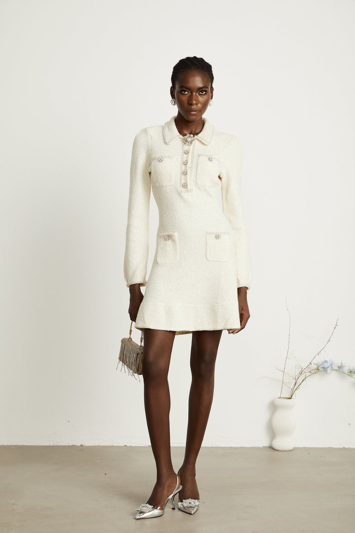 Imelda Mini Dress - Tweed Fabric - Metallic Threading - Sequin Embellishment - Spread Collar - Front Button Details