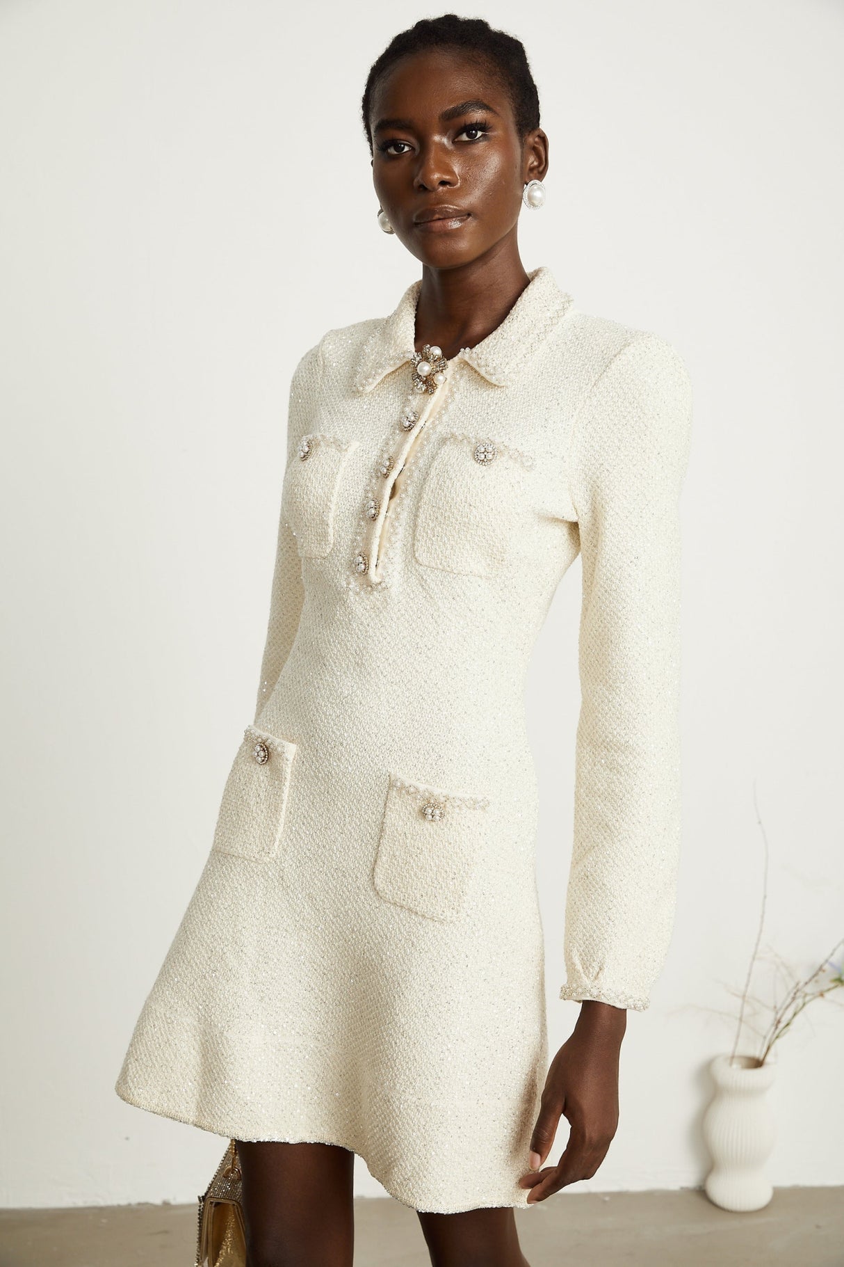 Imelda Mini Dress - Tweed Fabric - Metallic Threading - Sequin Embellishment - Spread Collar - Front Button Details