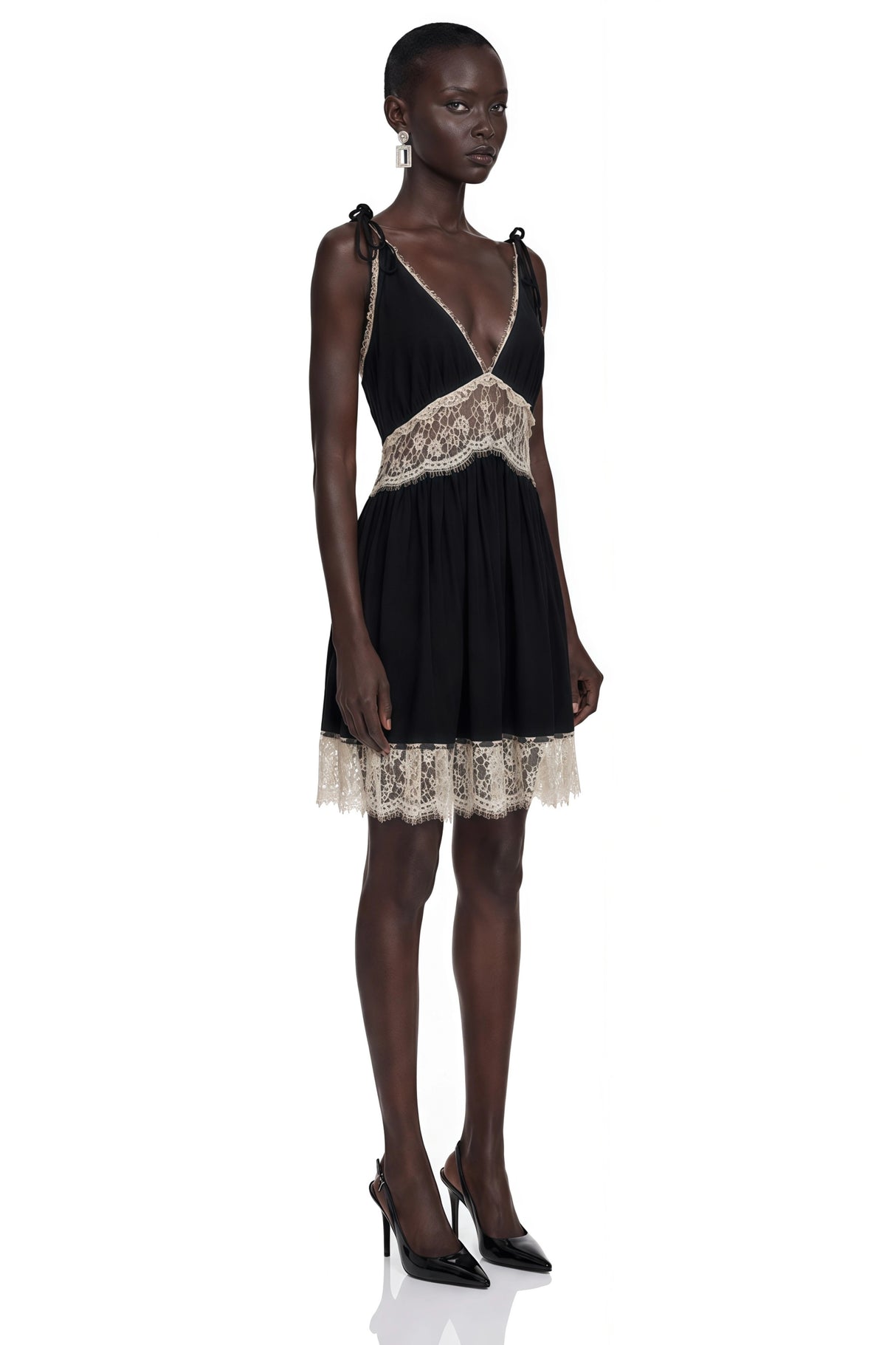 Inci Black Plunge Neck Mini Dress with Lace Panels