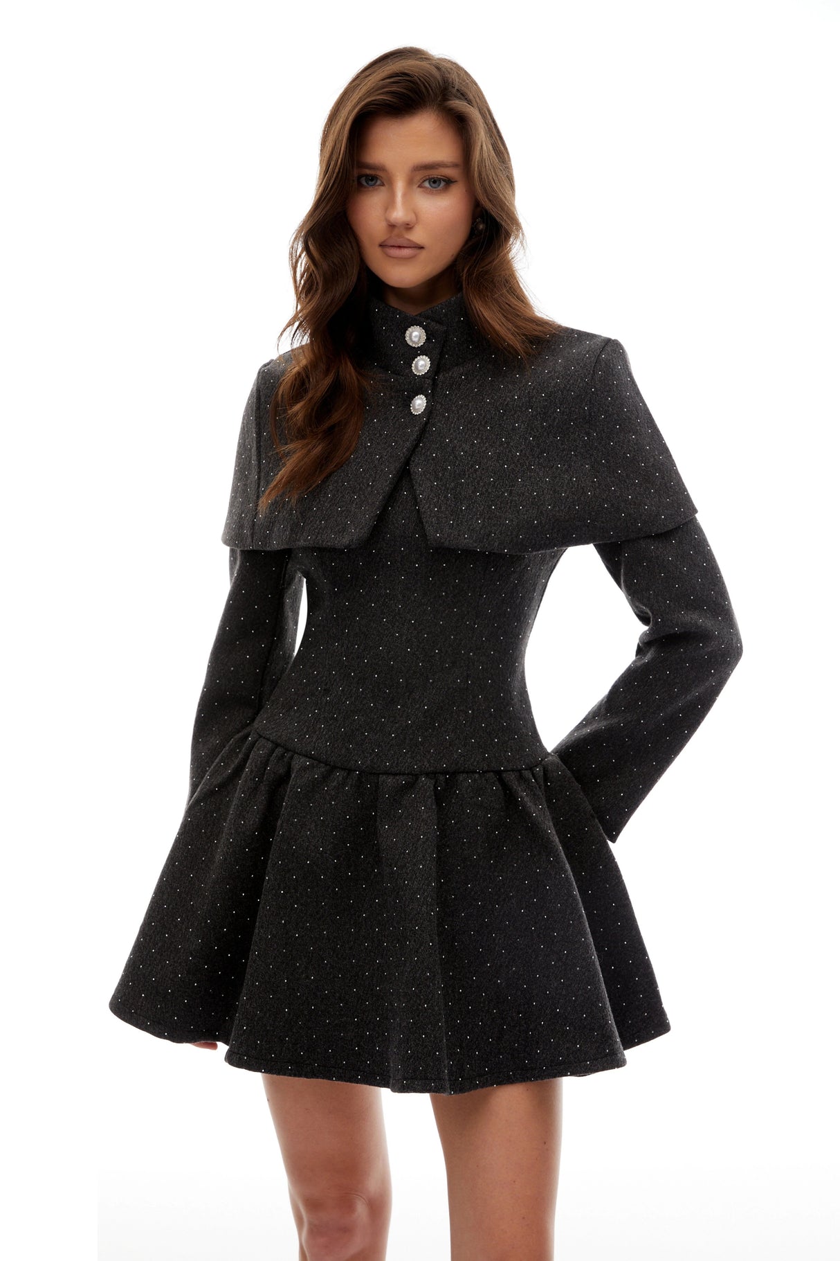Indira Grey Polka Dot Woolen Cape Dress Set