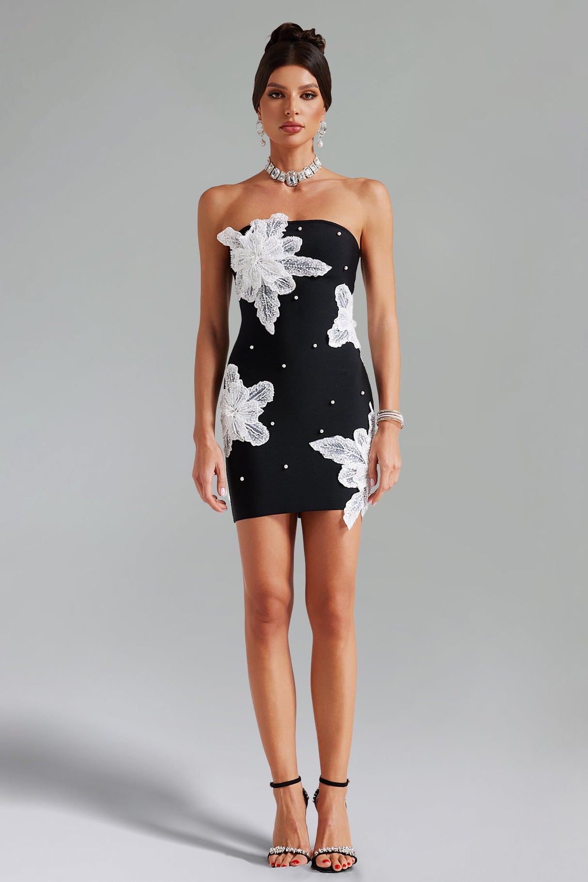 Ines Black Floral Pearl Embellished Strapless Cocktail Dress