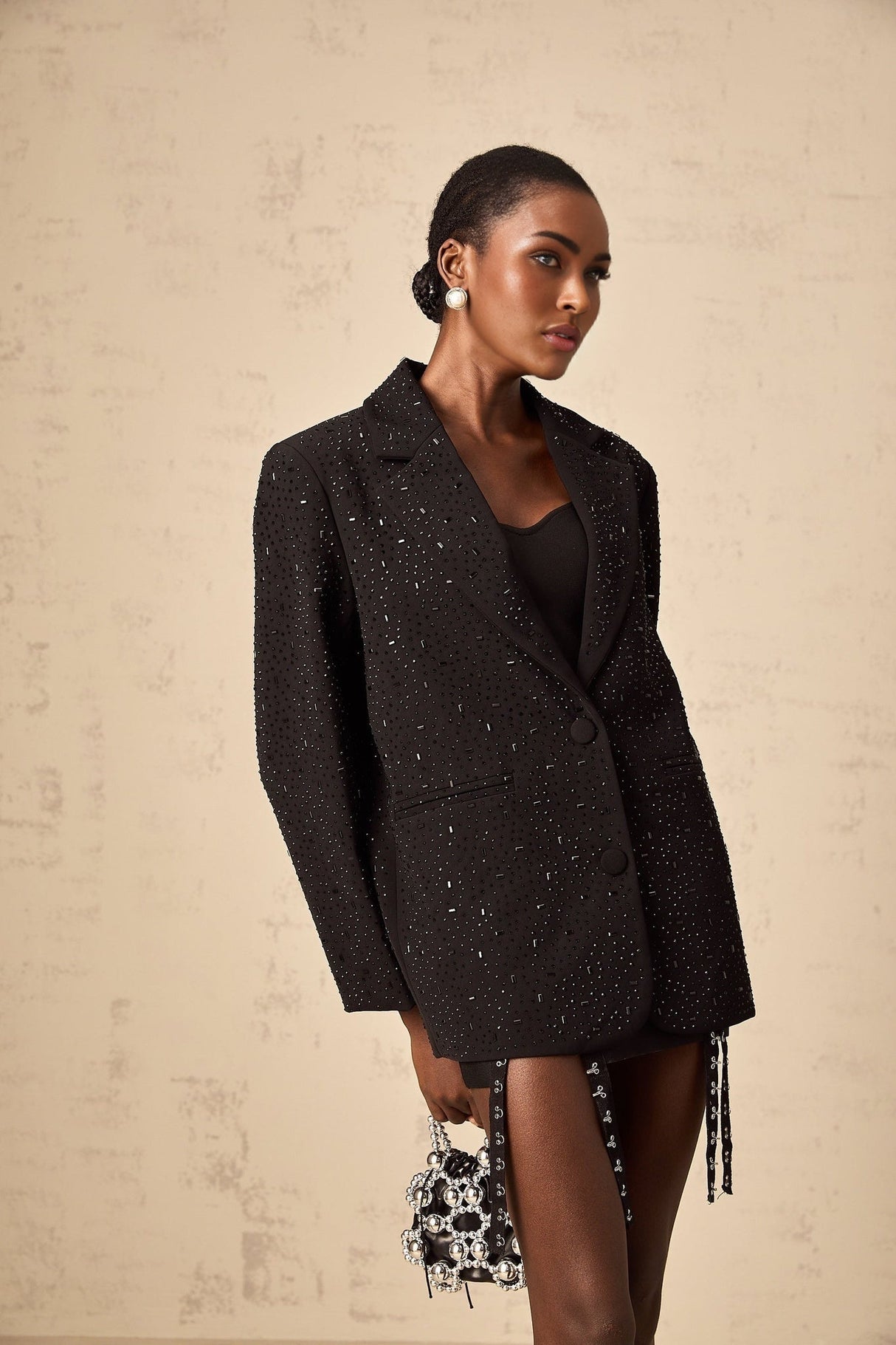 Ines Blazer - Notched Lapels - Long Sleeves - Stud Embellishment - Loose Fit