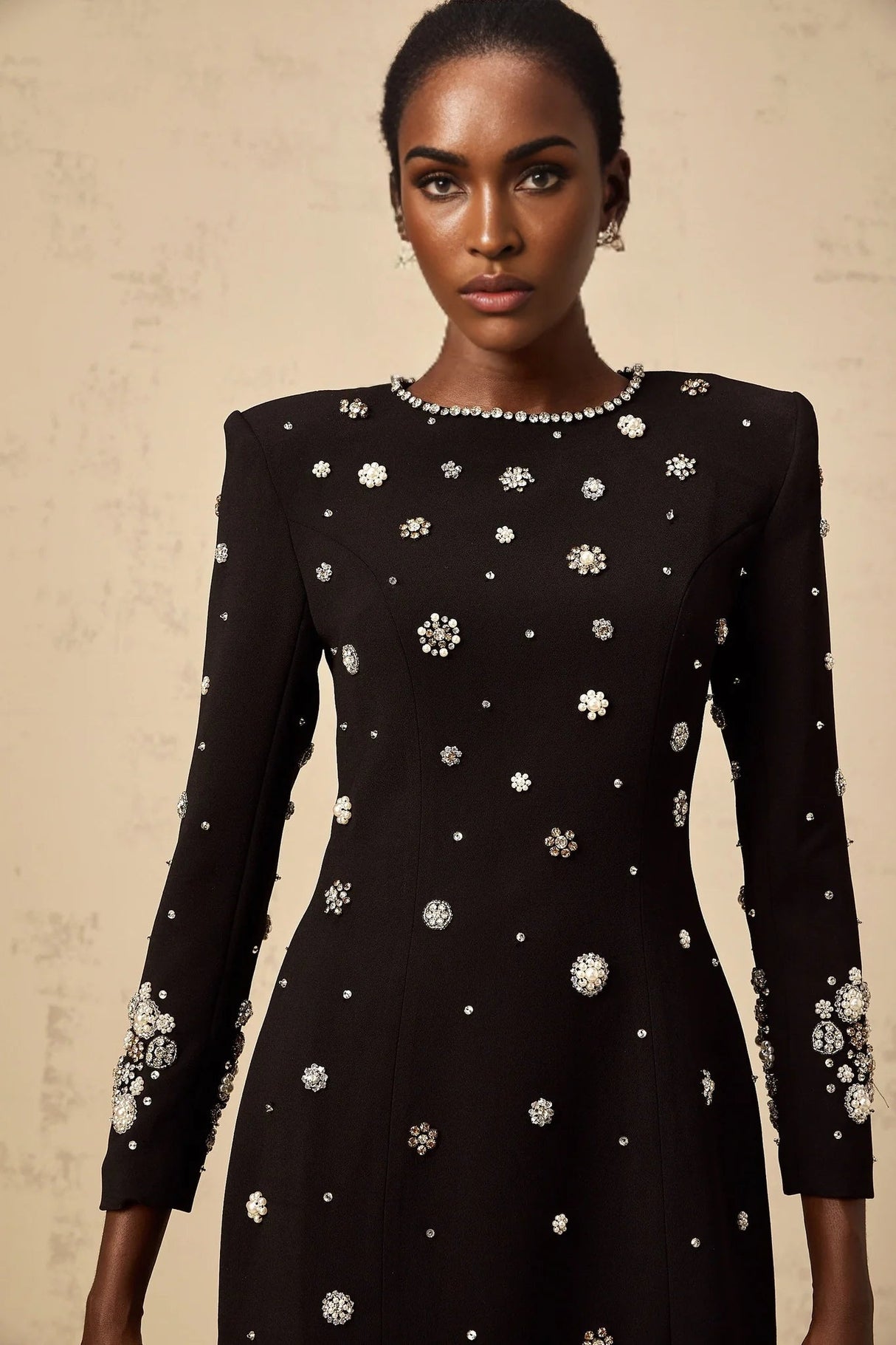 Ines Midi Dress Black Crystal Embellished & Dart Detail & Rear Slit