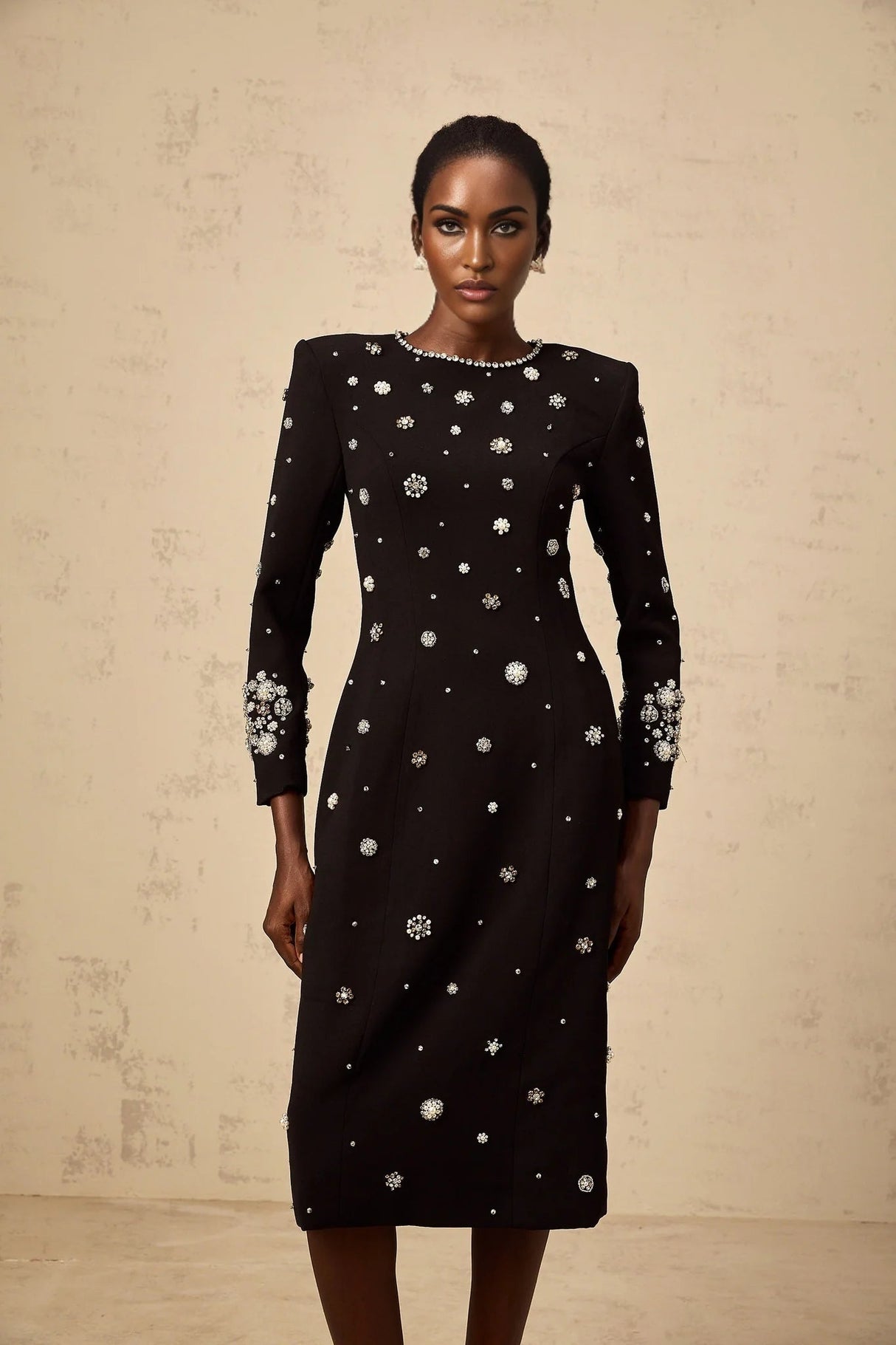 Ines Midi Dress Black Crystal Embellished & Dart Detail & Rear Slit