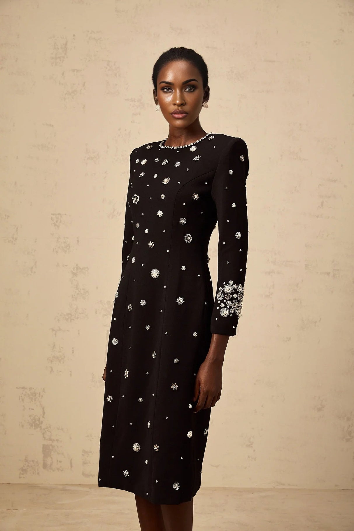 Ines Midi Dress Black Crystal Embellished & Dart Detail & Rear Slit