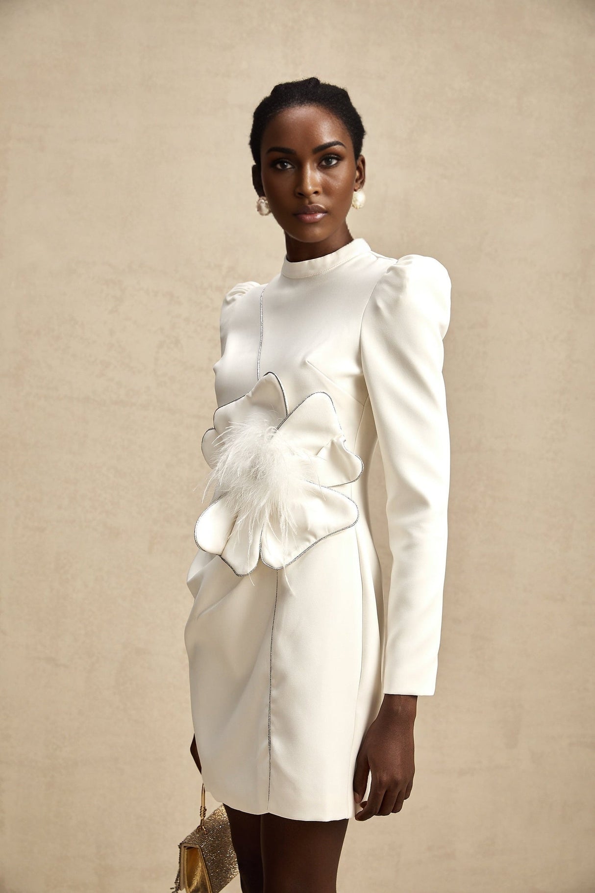 Inès Mini Dress - Long Sleeve Turtleneck - Cinched Waist - Artificial Flower Decoration