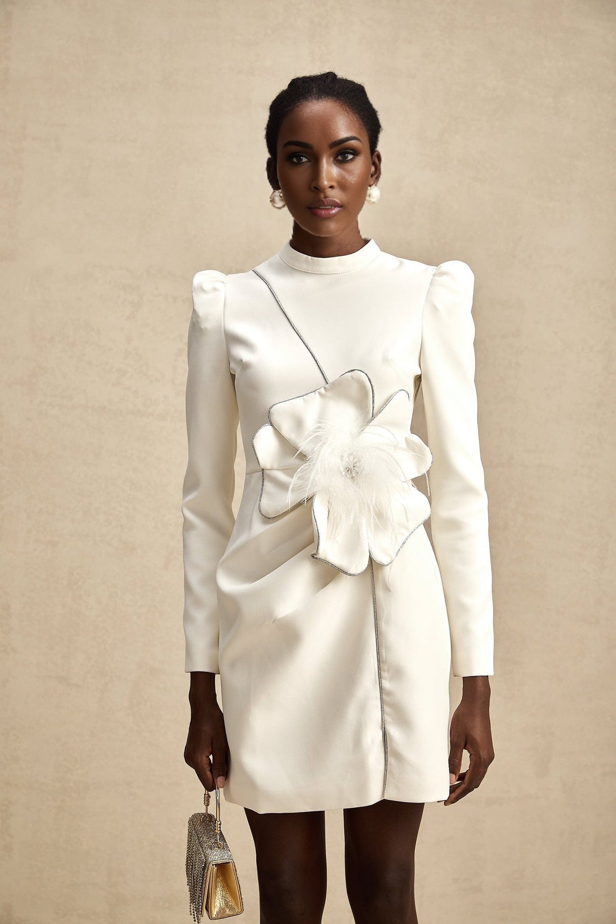 Inès Mini Dress - Long Sleeve Turtleneck - Cinched Waist - Artificial Flower Decoration