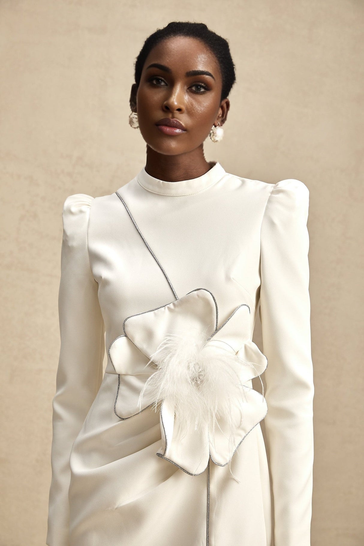 Inès Mini Dress - Long Sleeve Turtleneck - Cinched Waist - Artificial Flower Decoration