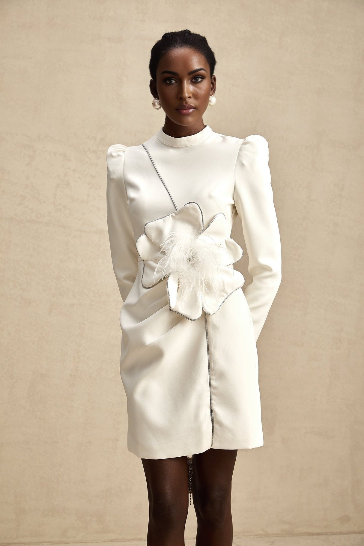 Inès Mini Dress - Long Sleeve Turtleneck - Cinched Waist - Artificial Flower Decoration