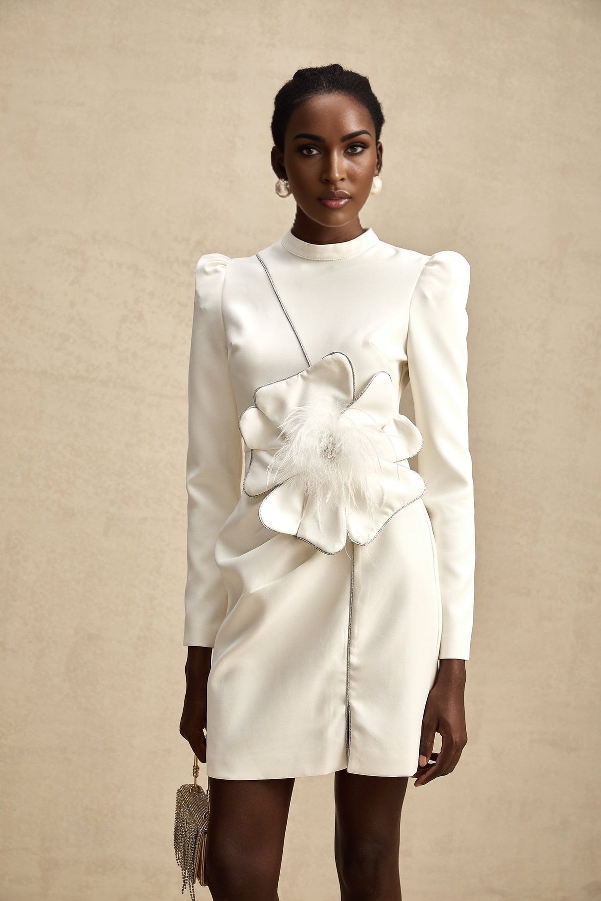 Inès Mini Dress - Long Sleeve Turtleneck - Cinched Waist - Artificial Flower Decoration