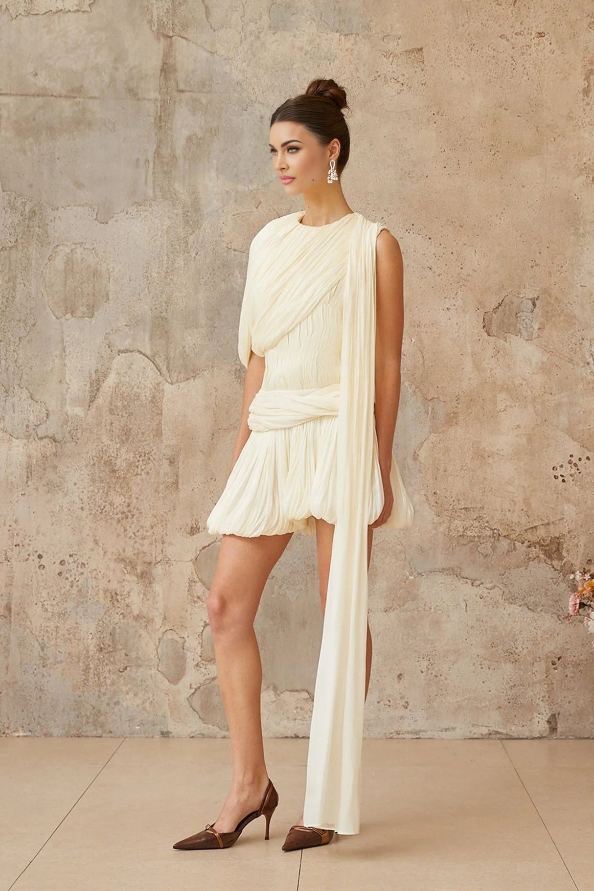 Ines Mini Dress Pleated Ribbon Design & Glitter Detail