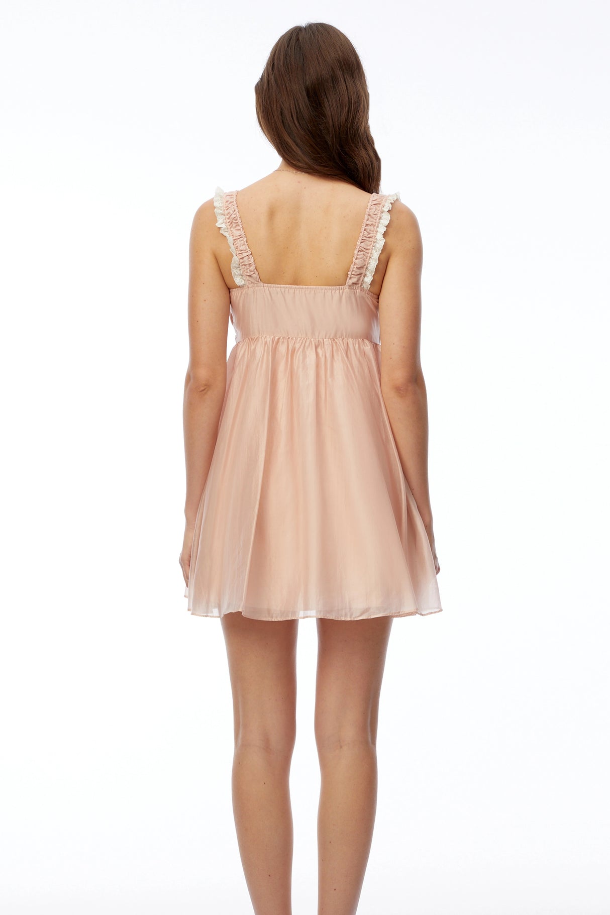 Inez Pink Ruched Mini Dress with Lace Trim